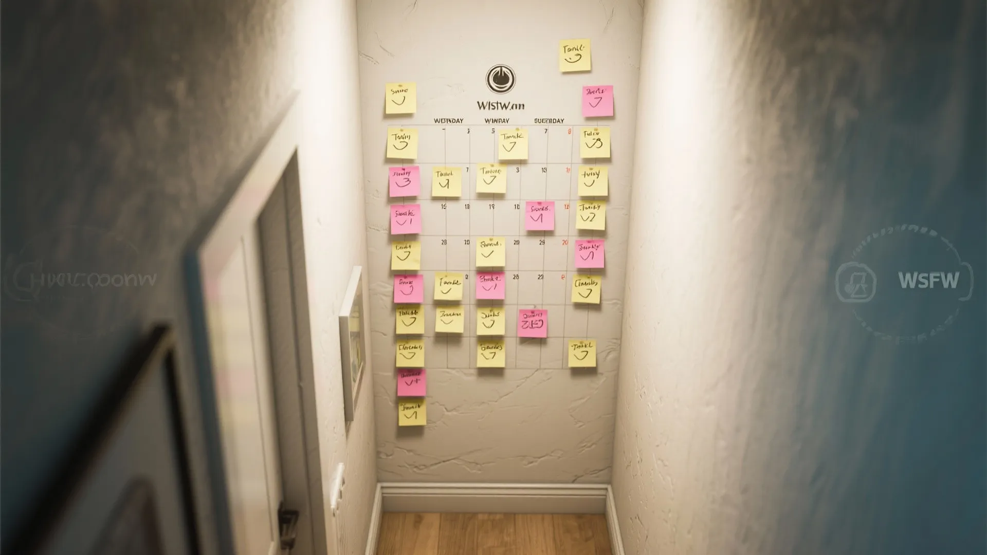 Top-down view of sticky note wall calendar in narrow corridor