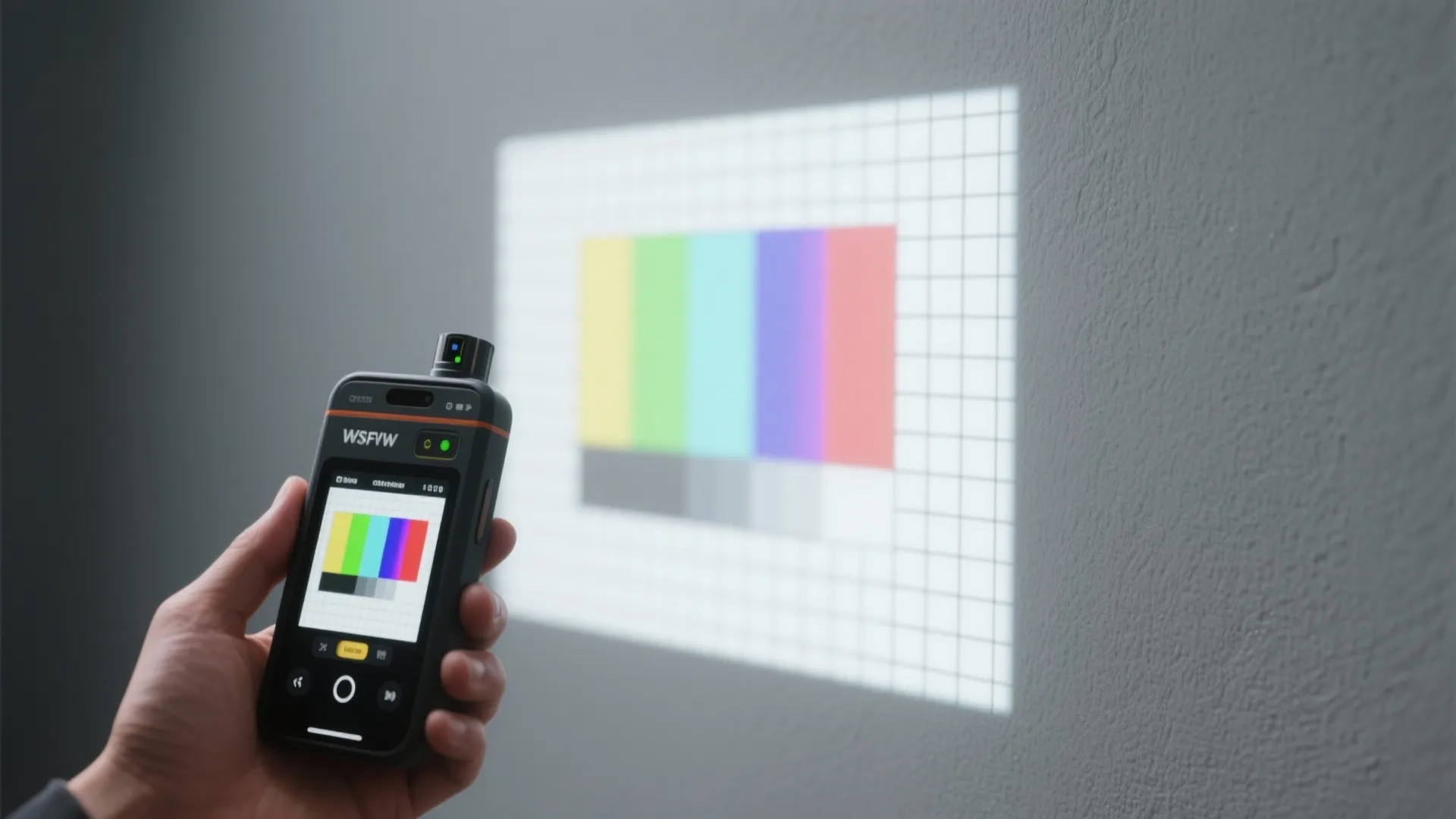 A hand holding a mobile phone device to calibrate colors projected onto a grey wall