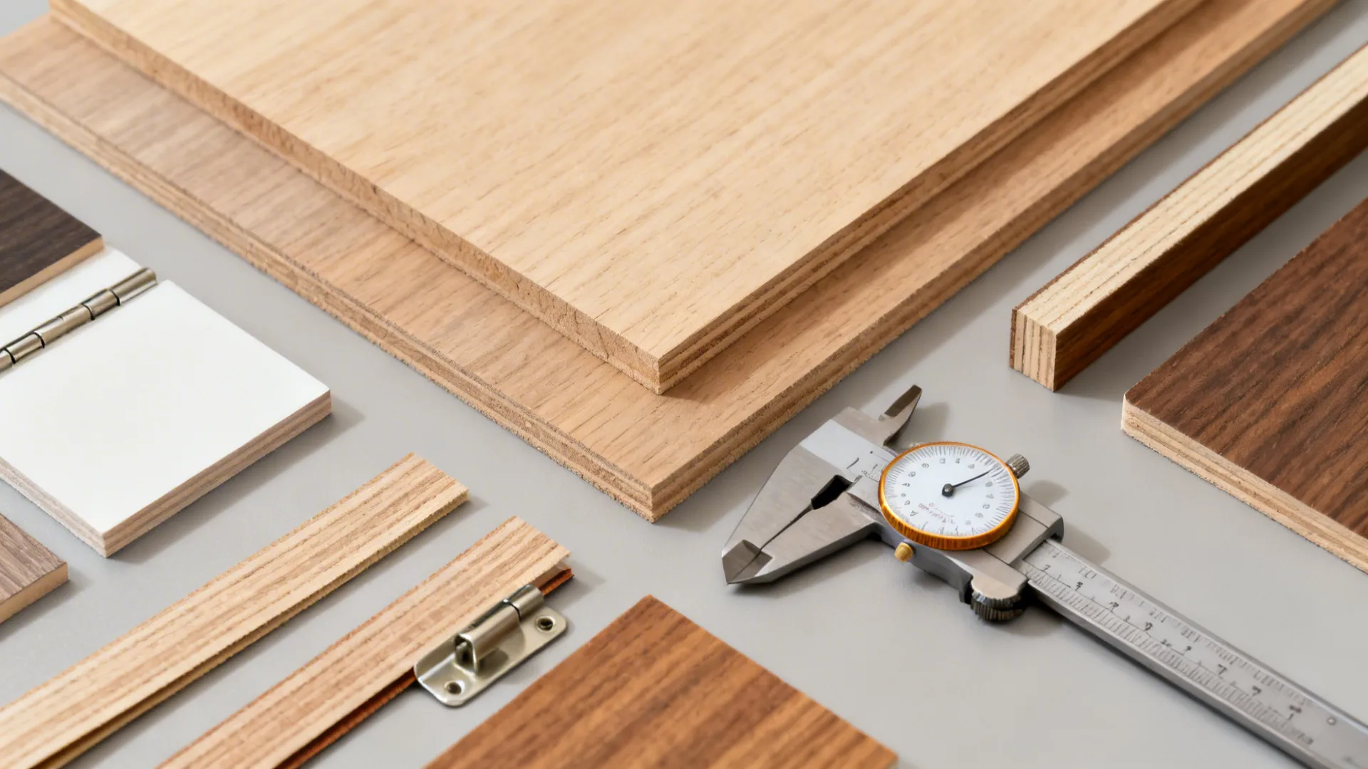 A flat lay of various wood boards and plywood samples with a metal measuring tool