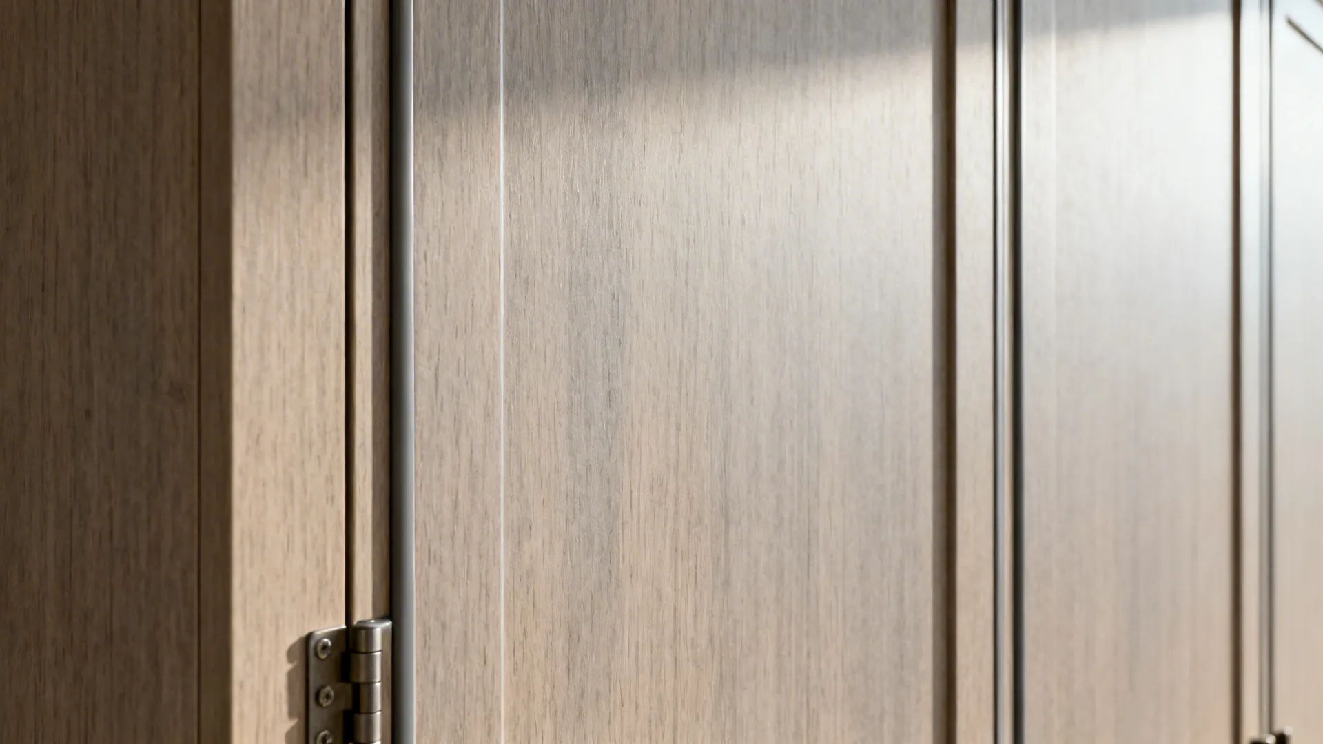 Macro of calibrated plywood door with precise shadow gap and clean edge-banding.