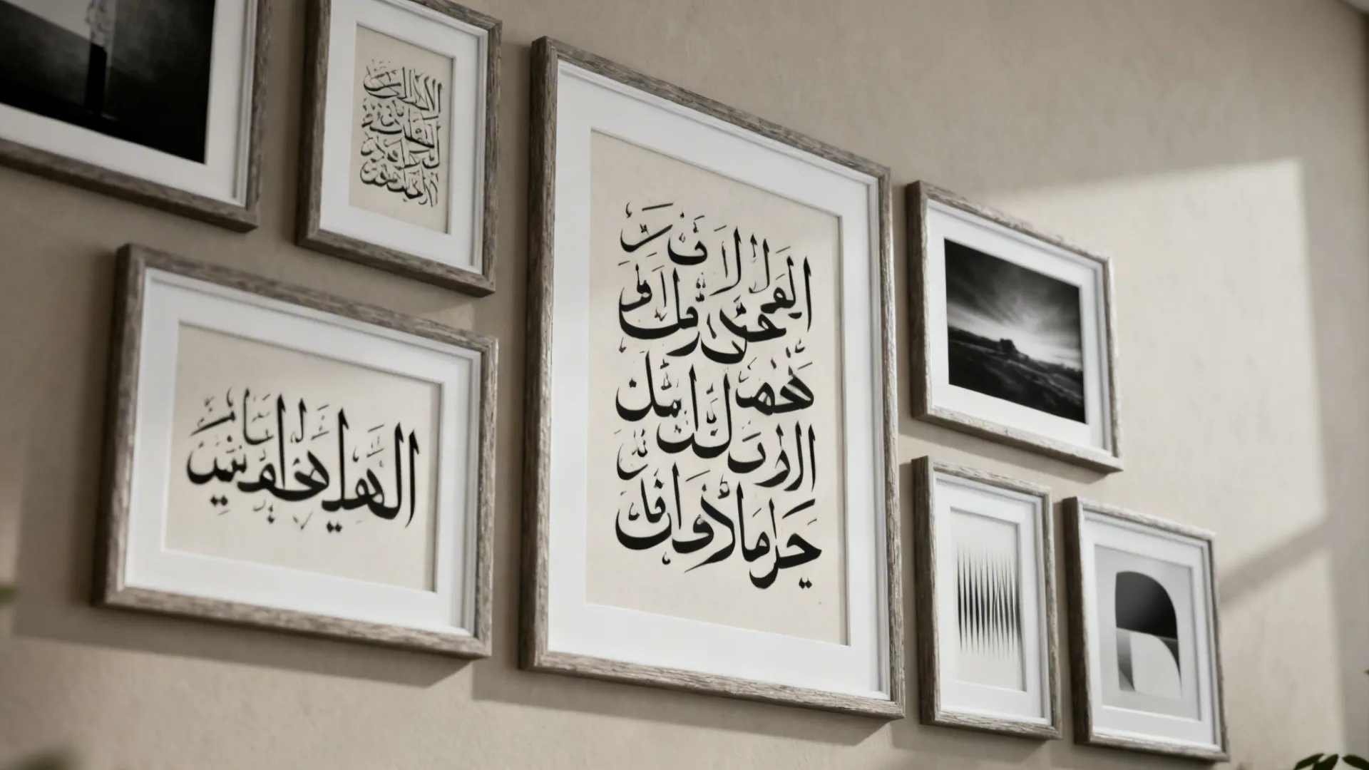 Framed Arabic calligraphy prints in mixed sizes with consistent matting on a neutral wall.