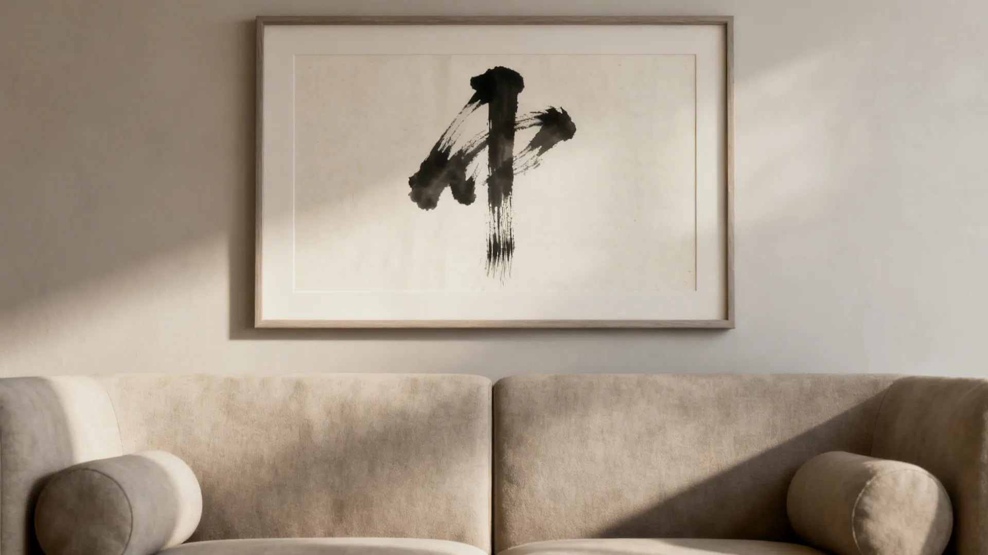 Close up of a beige sofa with a large framed black ink painting on wall
