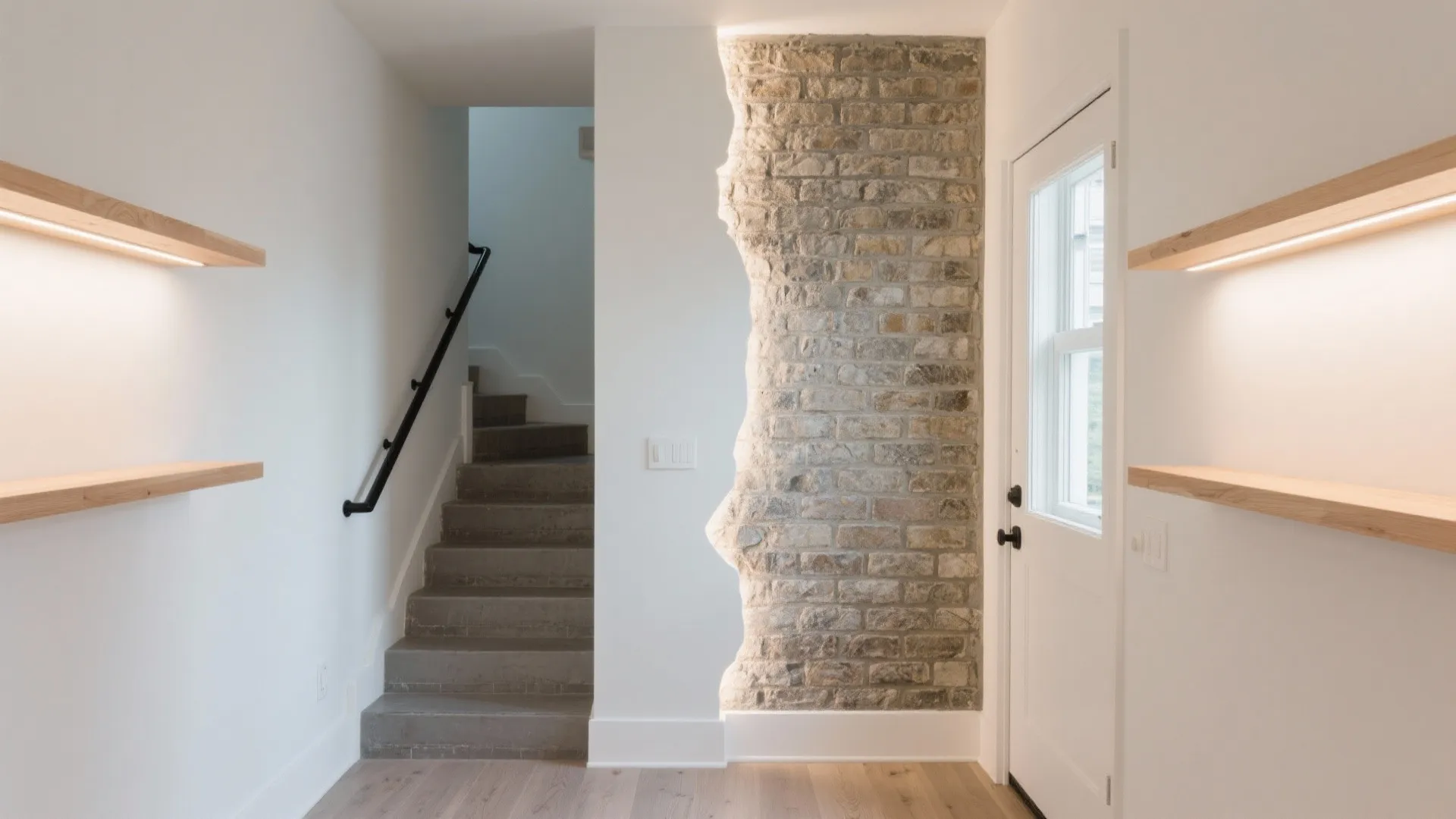 Modern home entrance featuring a brick wall panel white walls wooden shelves and concrete stairs