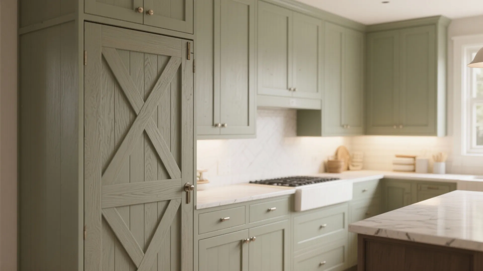 Modern green kitchen design with wood cabinets white countertops white sink and marble kitchen island
