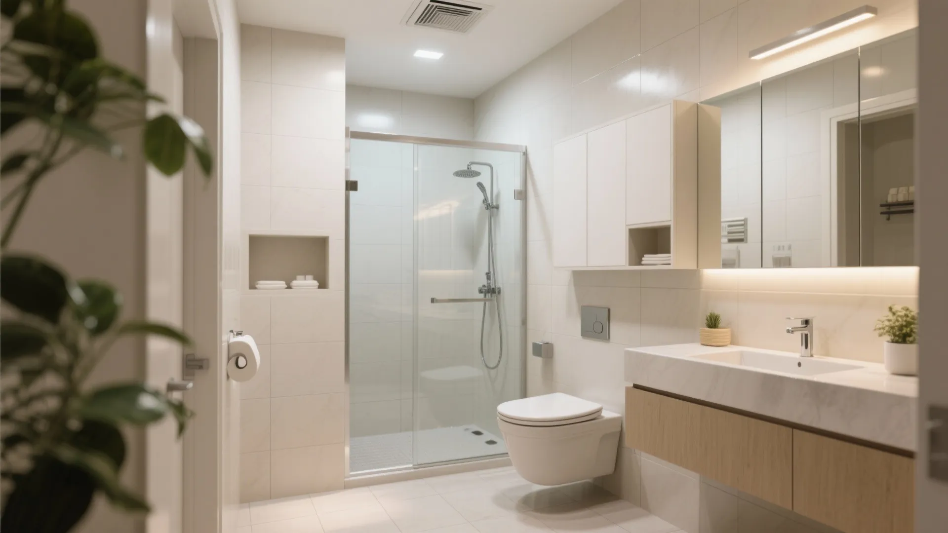 Bathroom calm with light, storage, and ventilation