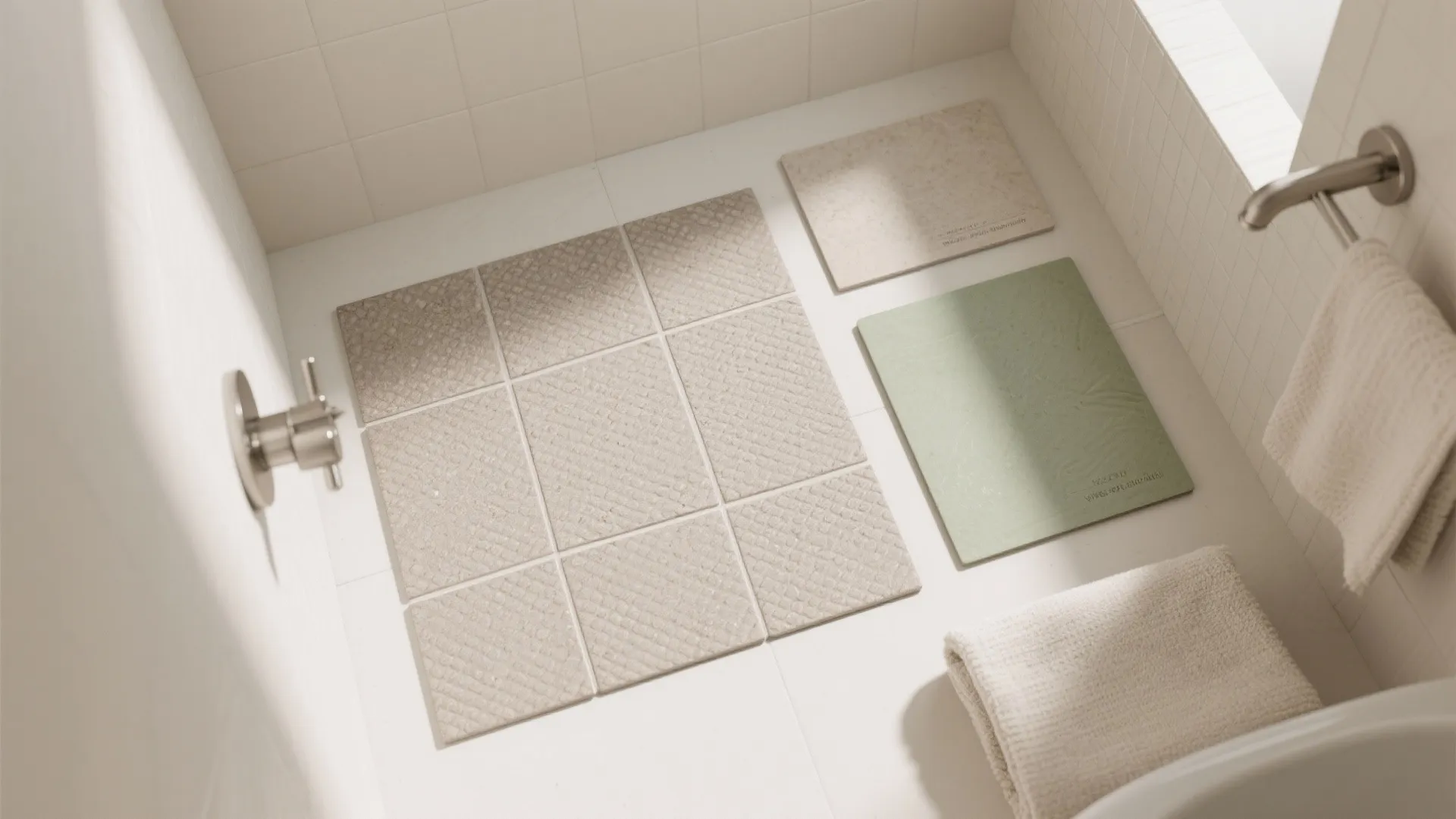Top view of beige square floor tiles, green sample board, and soft white bathroom towels