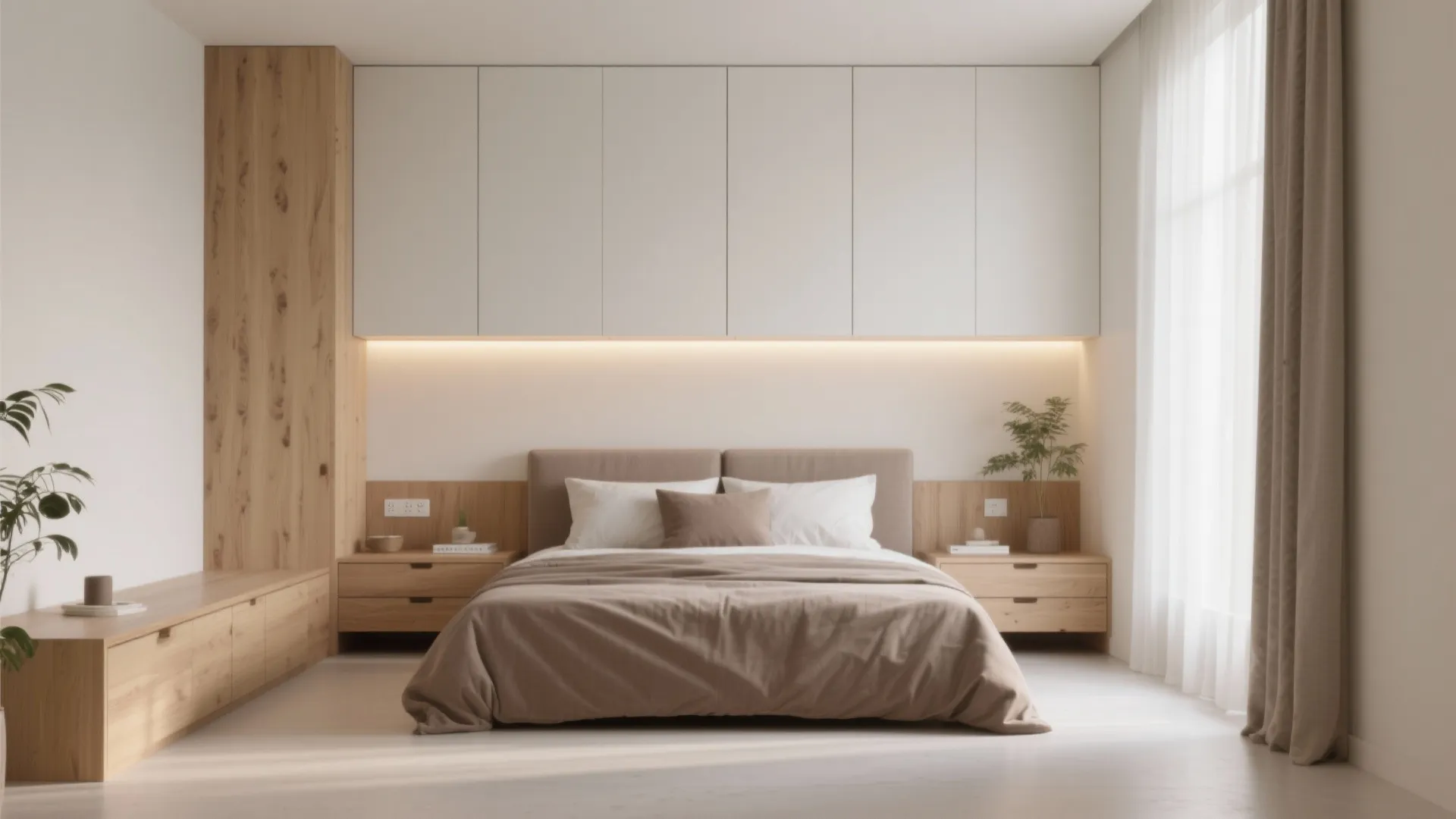 Minimalist bedroom featuring white overhead cabinets wooden side tables large bed brown bedding natural light