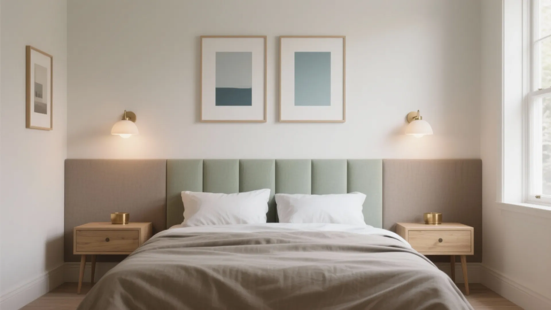 Minimalist bedroom with green wall panel wooden bedside tables white wall lights and framed art