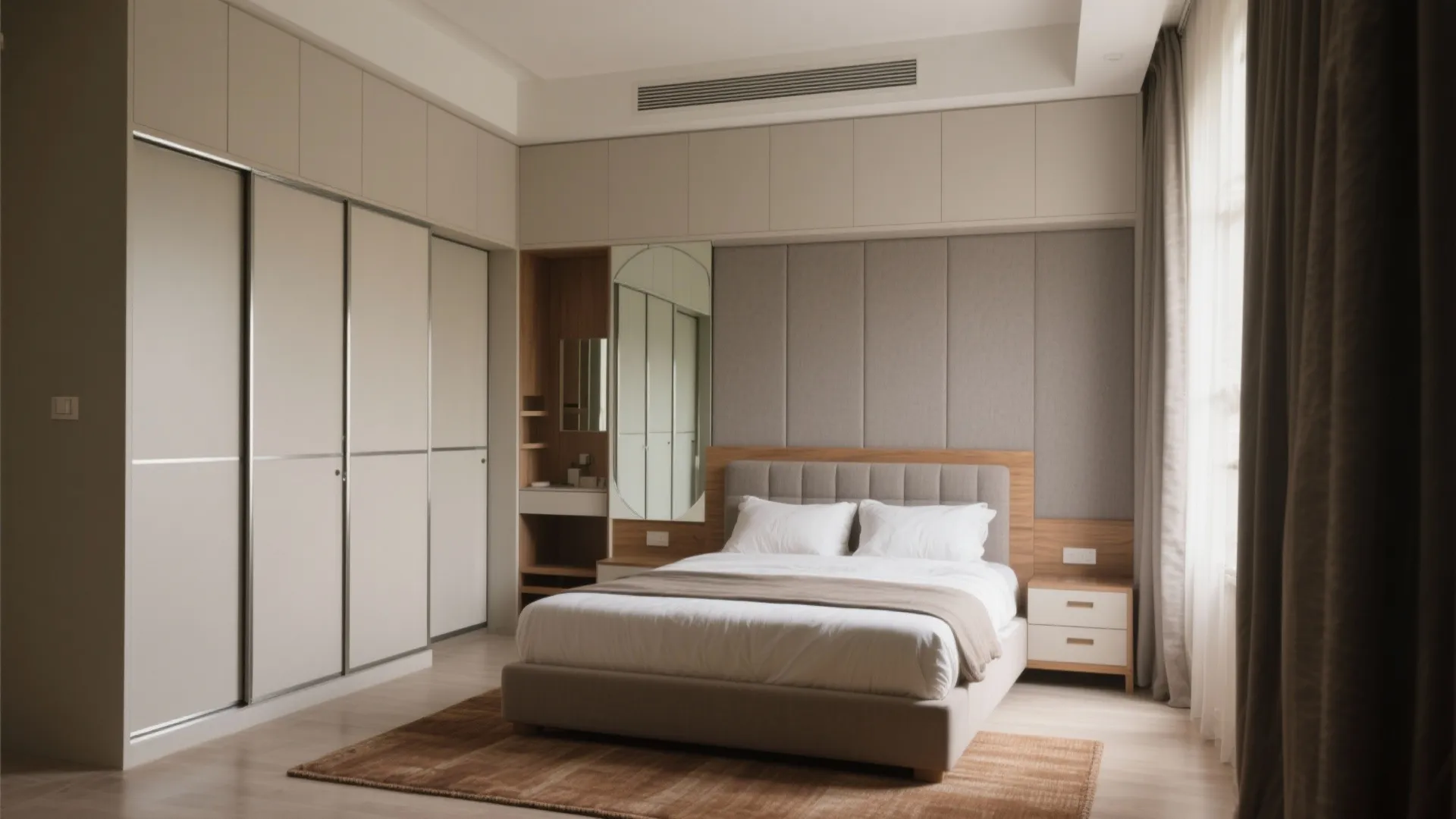 Smart bedroom storage, sliding doors, and calm color