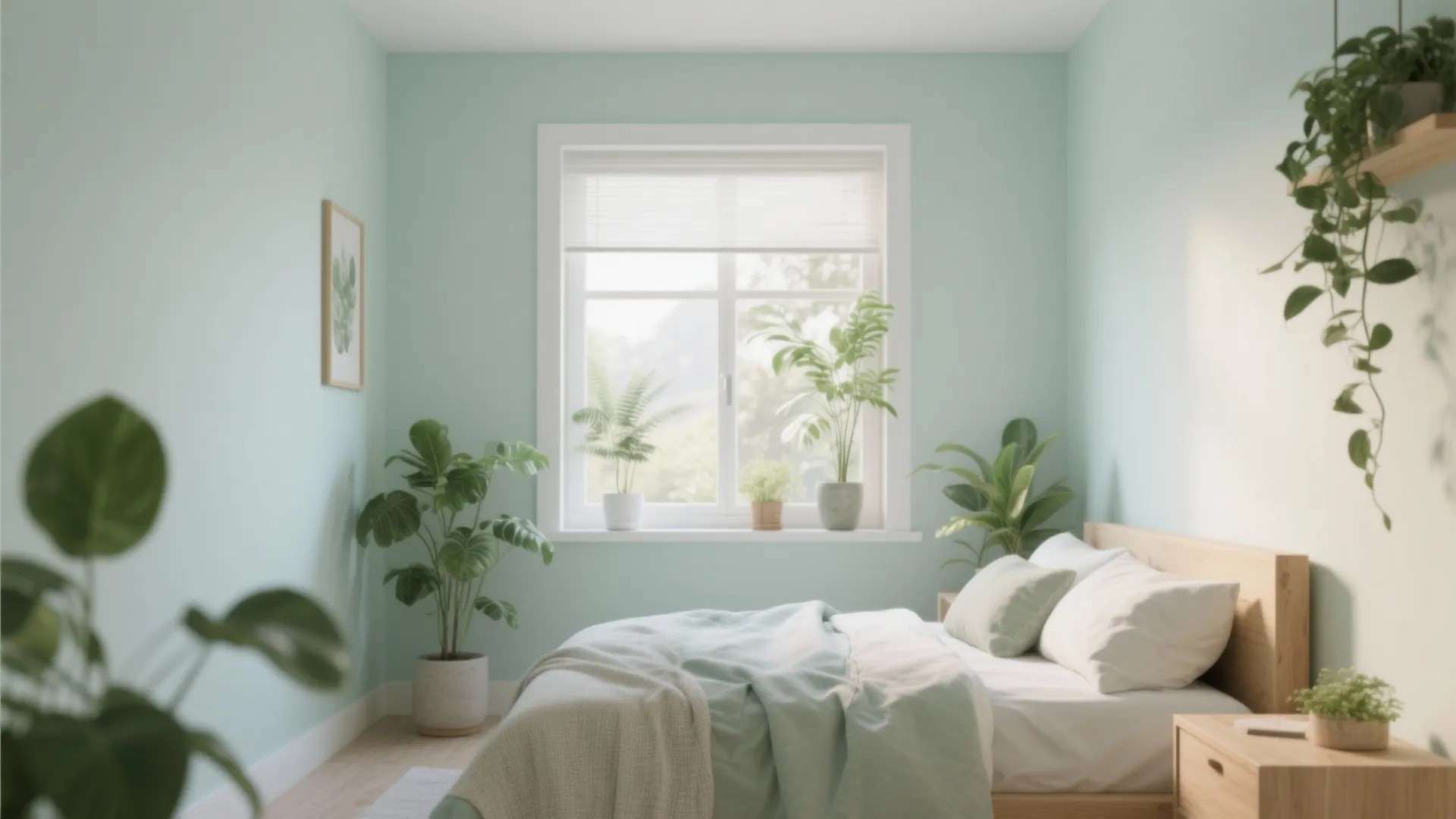 Calm bedroom with light green walls wooden bed many green plants and bright natural light