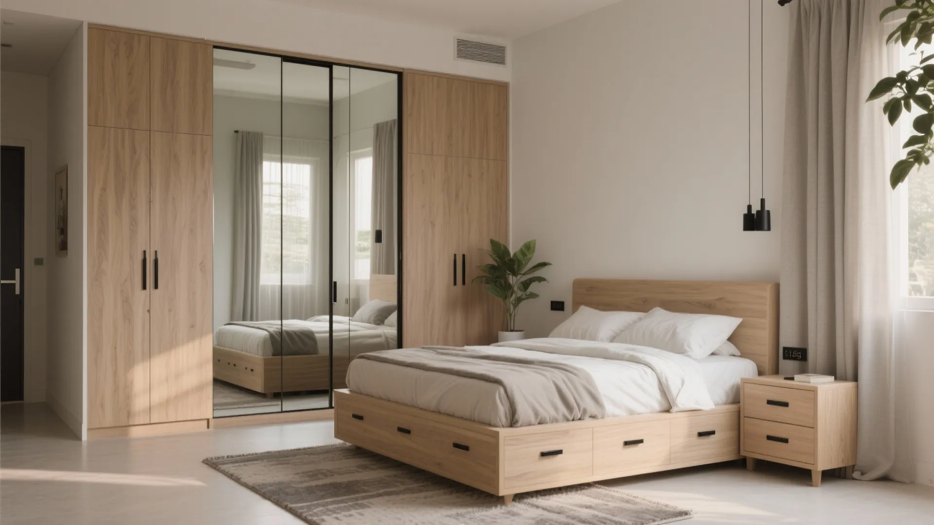 Calm bedroom with mirrors and warm wood