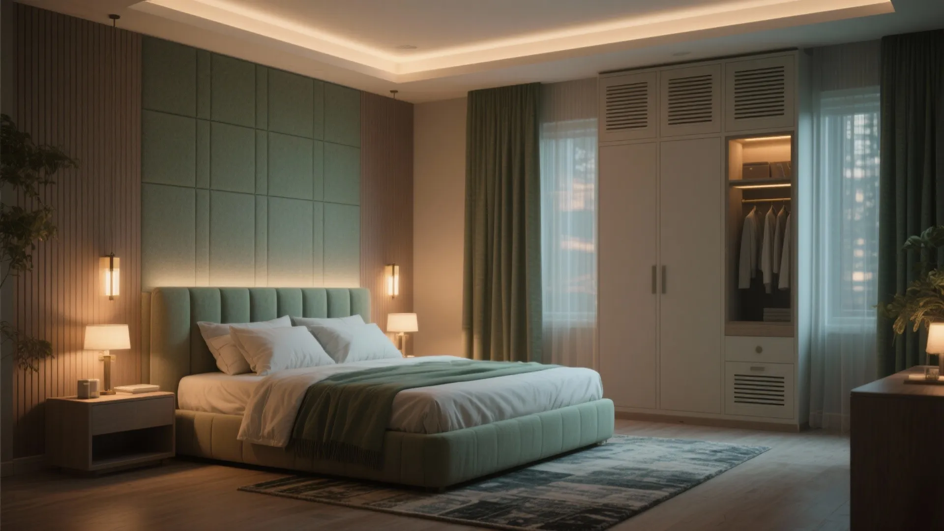 Calm bedrooms with acoustic and lighting layers