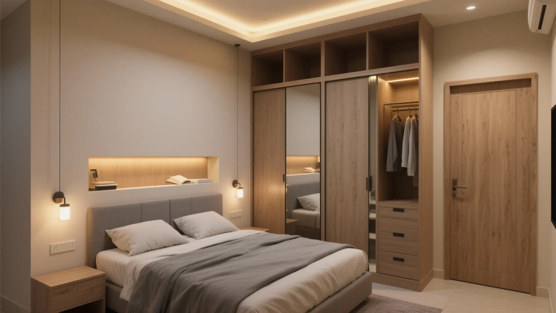 Vertical storage and layered lighting for a calm bedroom