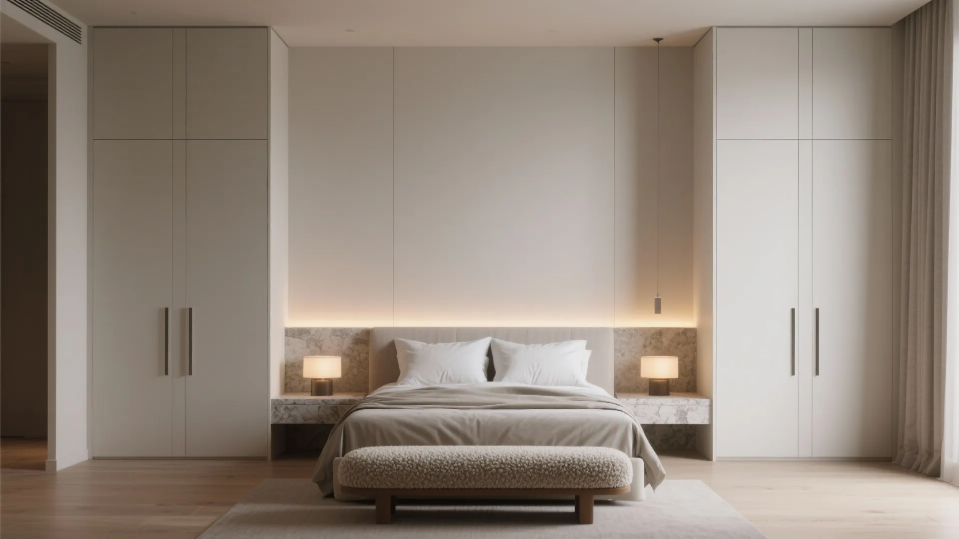 Minimalist cream bedroom interior with two large cabinets beige bed warm lights and wooden floor