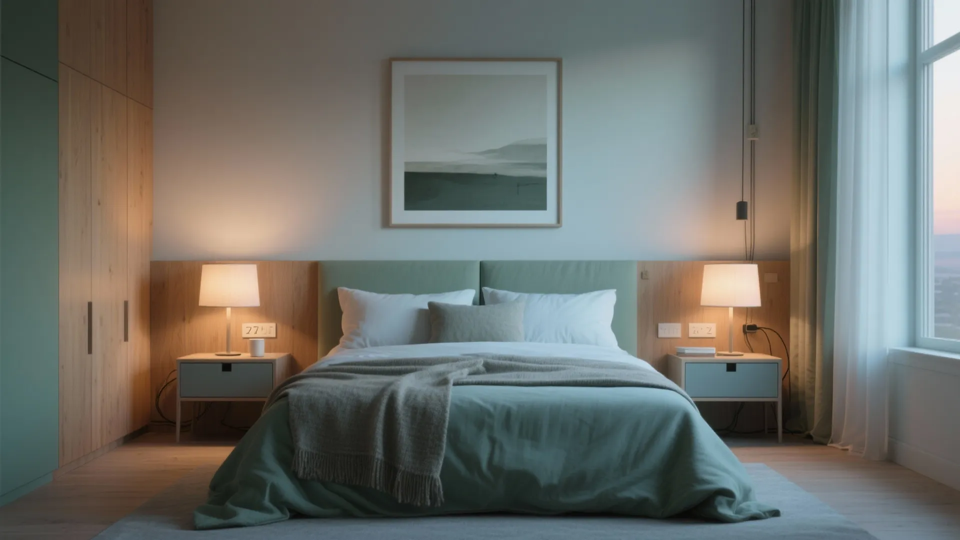 Modern green bed with white pillows and grey blanket next to bedside tables with lamps