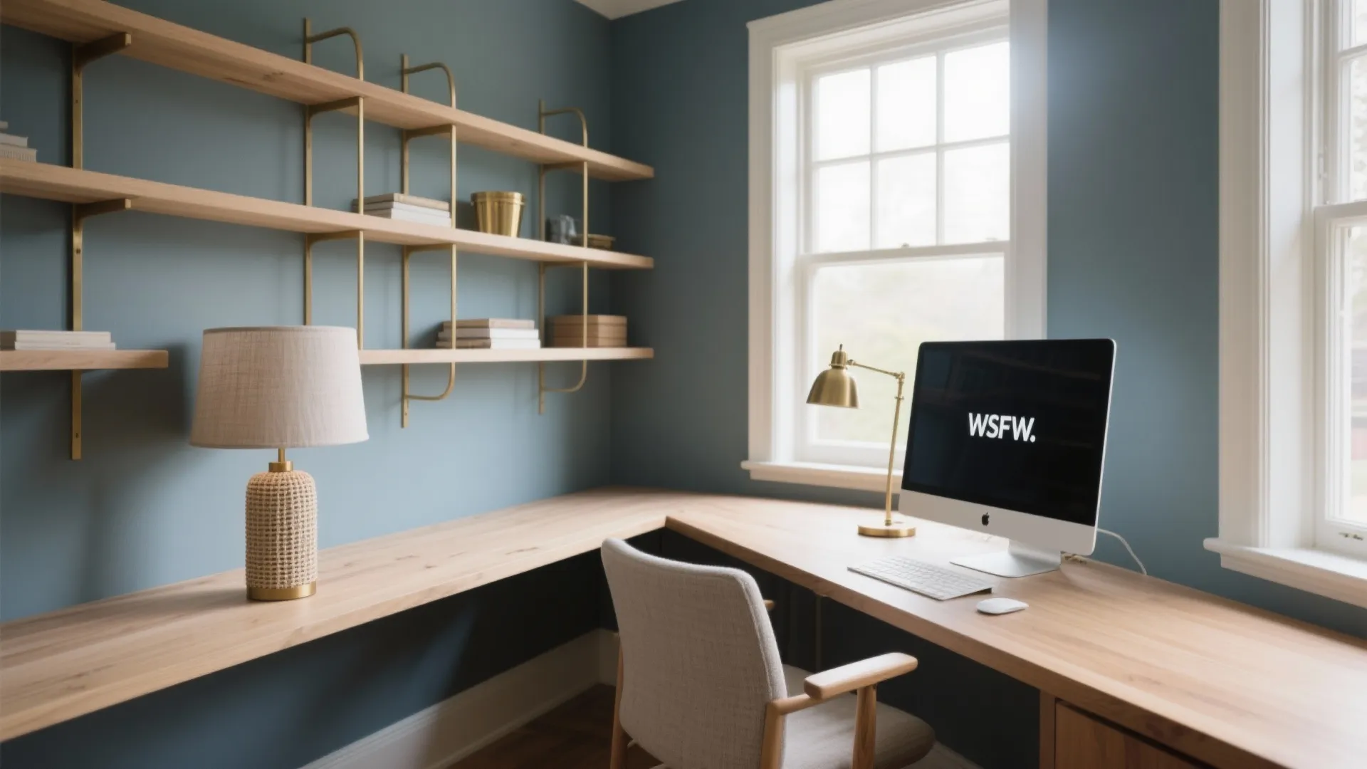 Modern blue office with corner wooden desk computer wall shelves table lamp and grey desk chair