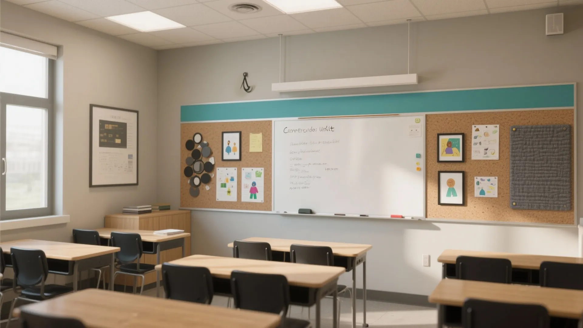 Modern classroom interior with white board, cork board wall, wooden student desks, and natural light
