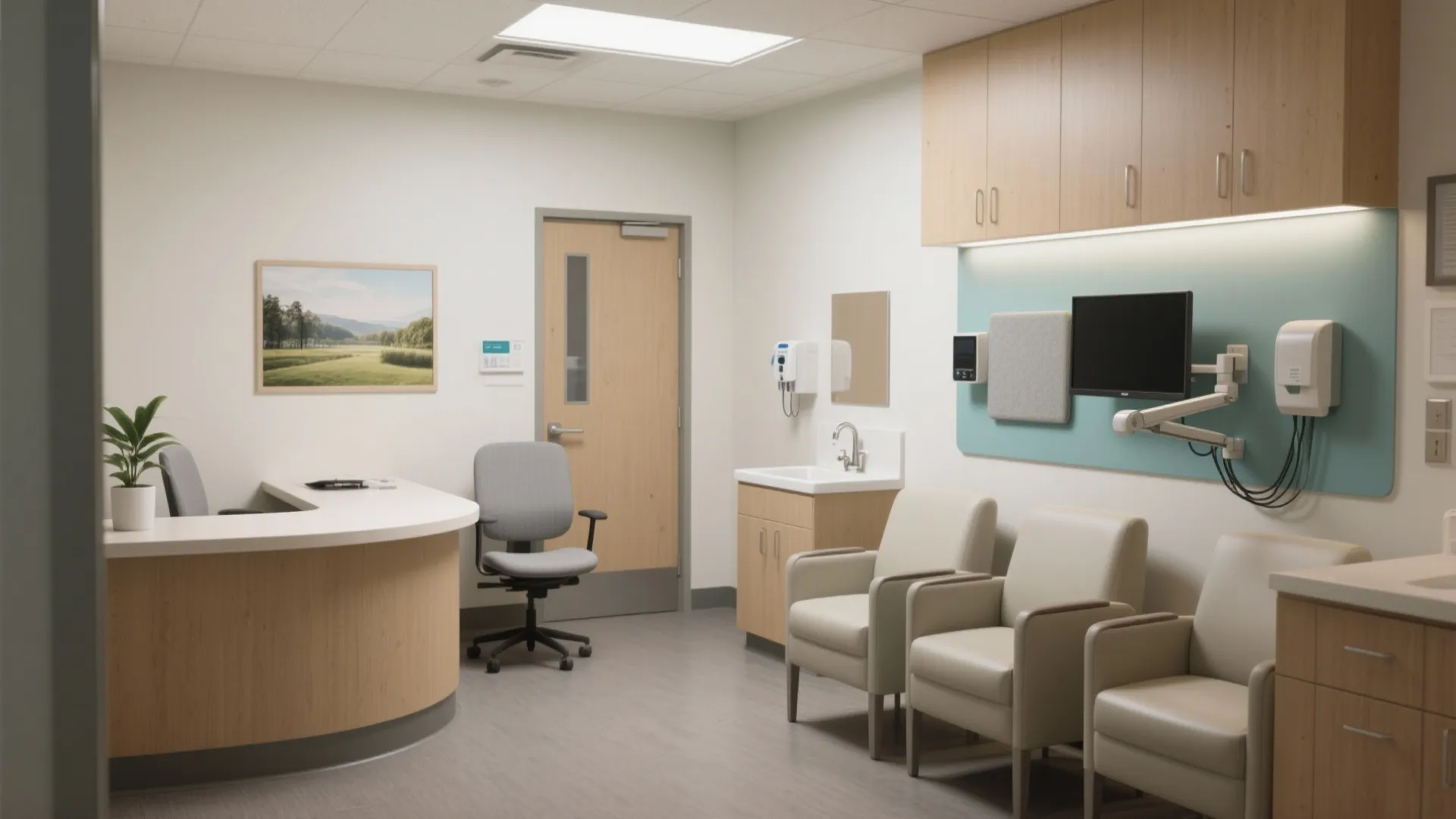 Modern medical clinic reception area with wooden desk, grey chairs, sink, and blue wall detail