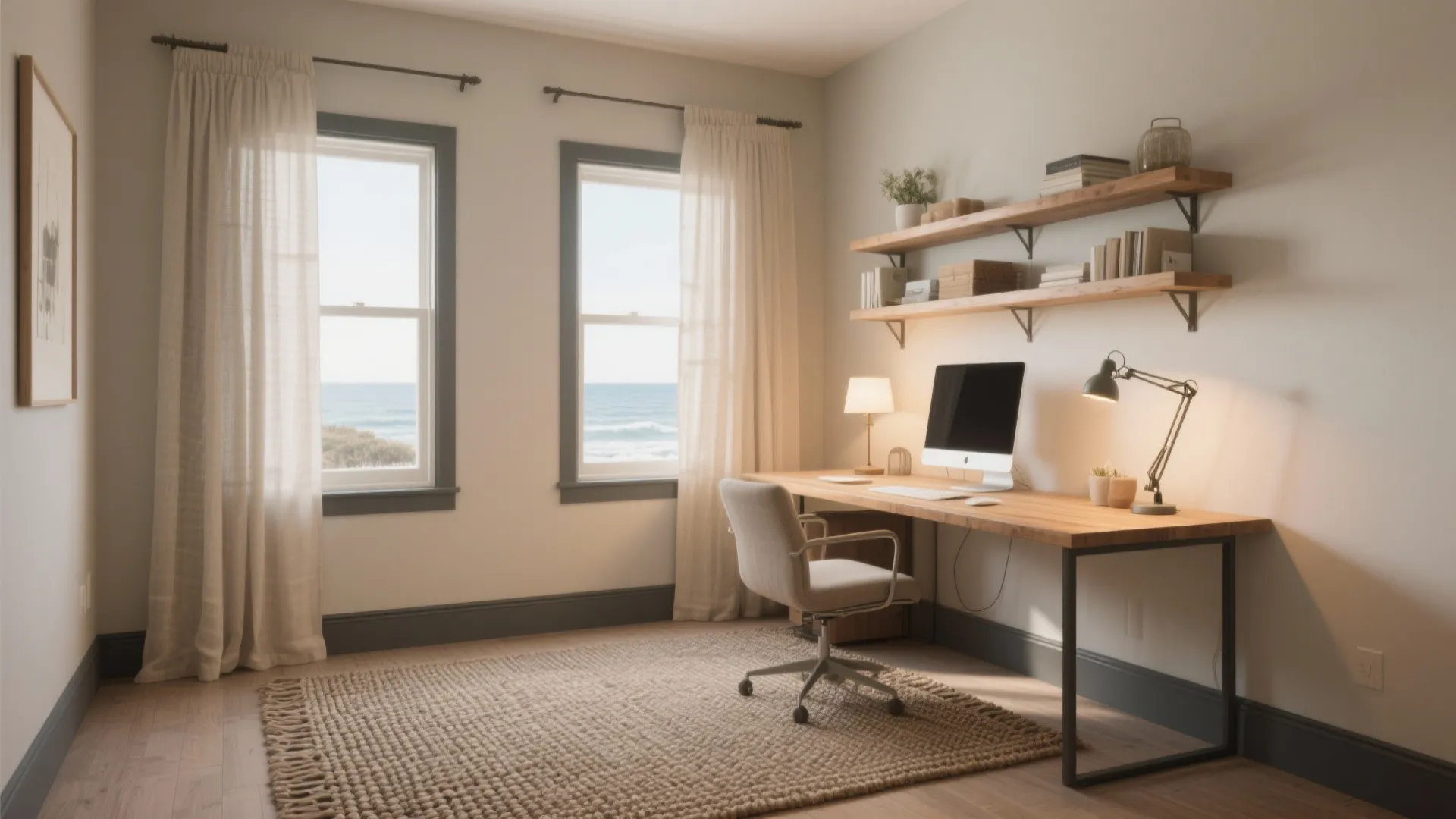 Bright home office with wooden desk grey chair wall shelves and windows overlooking the ocean