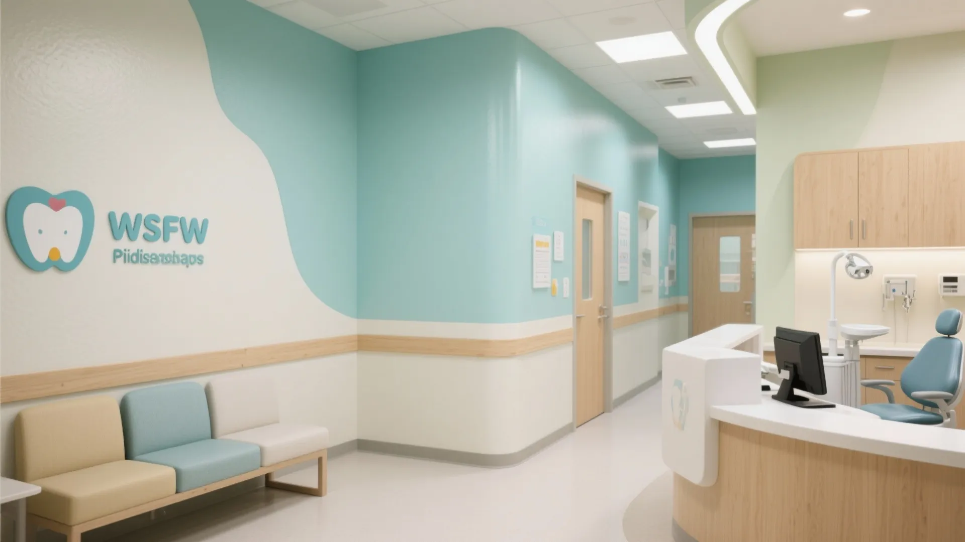 Modern dental clinic reception area with light blue walls wooden cabinets and colorful waiting area chairs