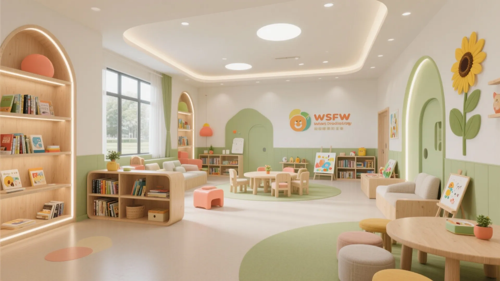 Bright preschool classroom with green walls wooden bookshelves small tables chairs and sunflower wall decoration