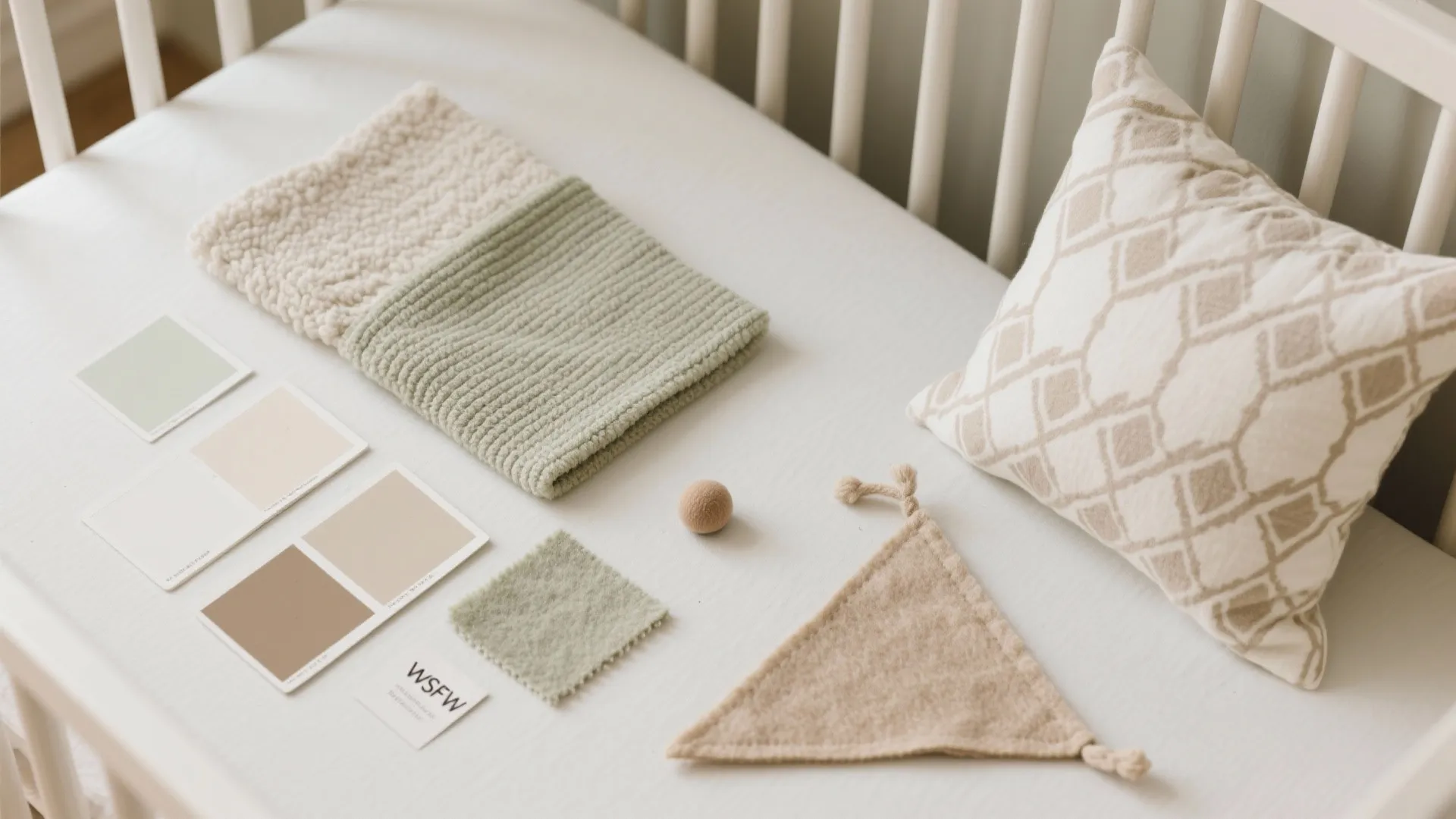 Flatlay of warm white, mushroom, dusty sage swatches with textured fabrics and small accent pieces.