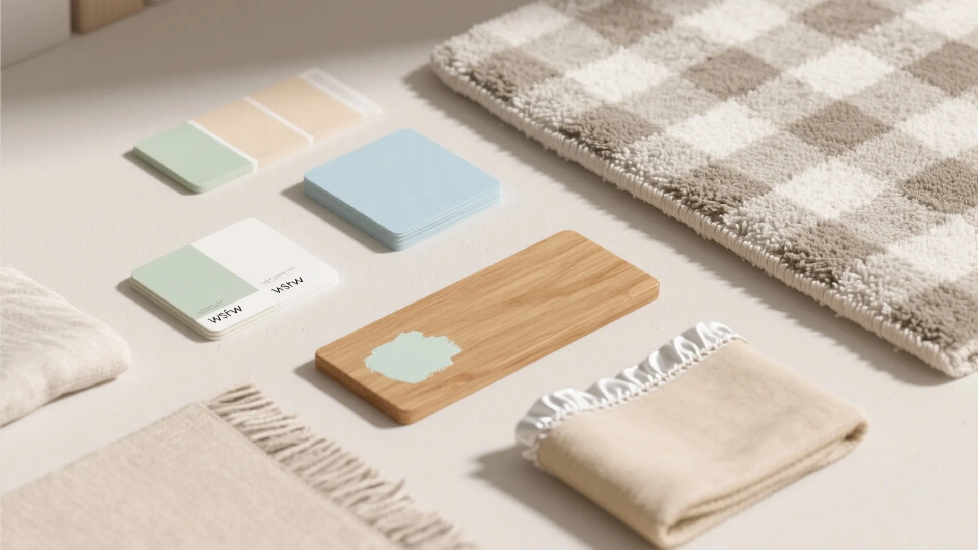 4) Calm color + texture: pale hues, large patterns, warm wood