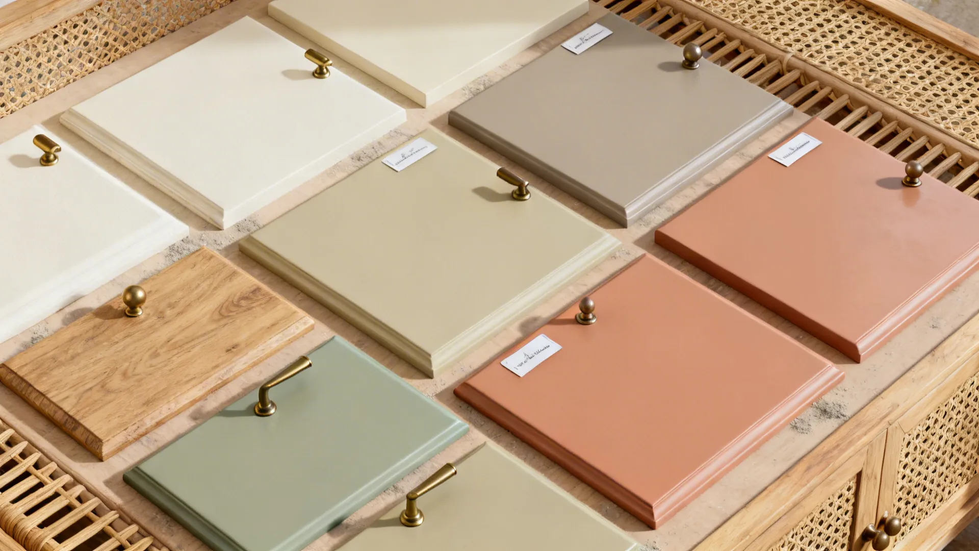 Flat lay of warm off-white, greige, muted sage, terracotta, and light wood samples.