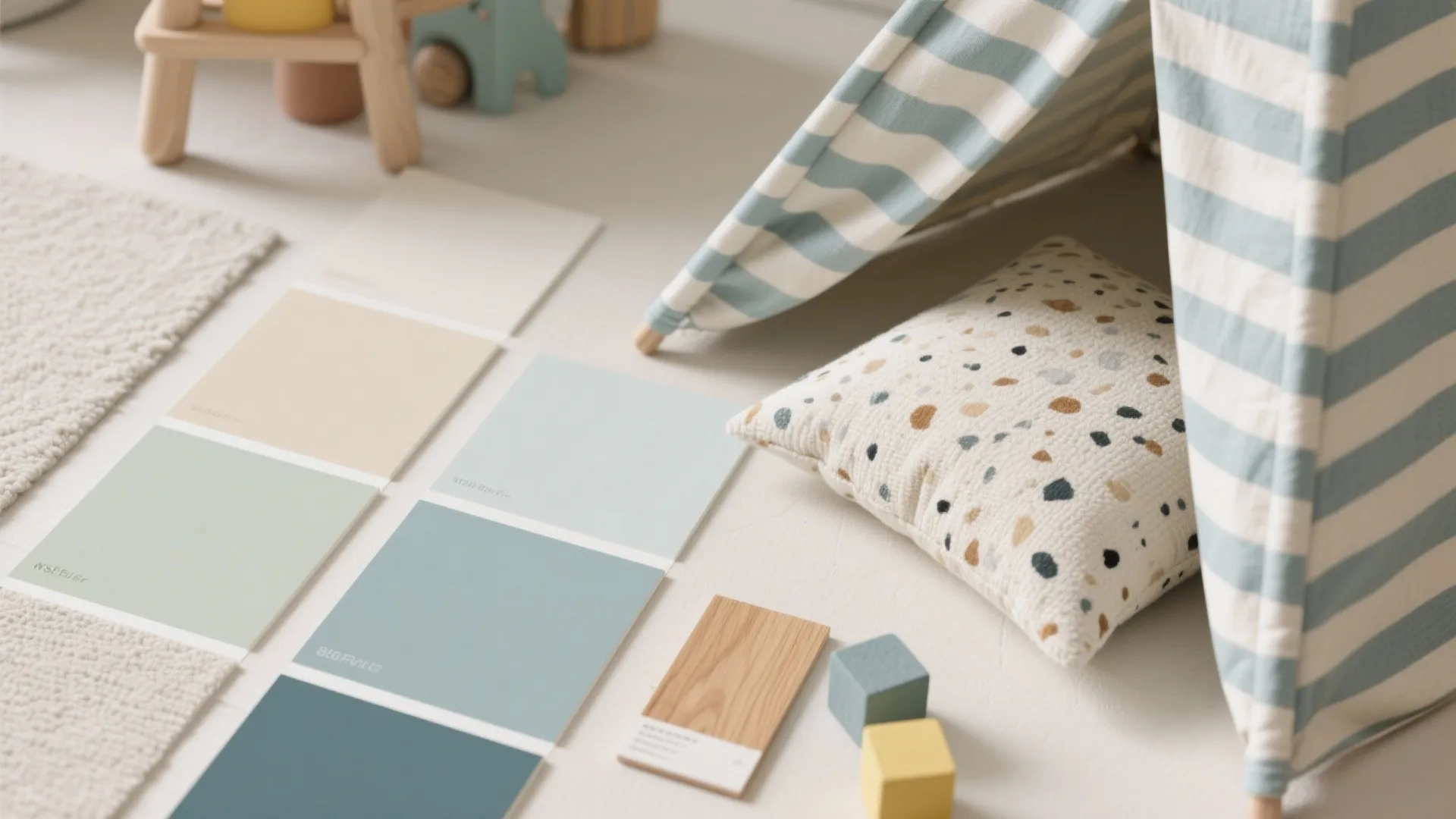 Color paint samples and wood material on floor next to striped tent and patterned pillow