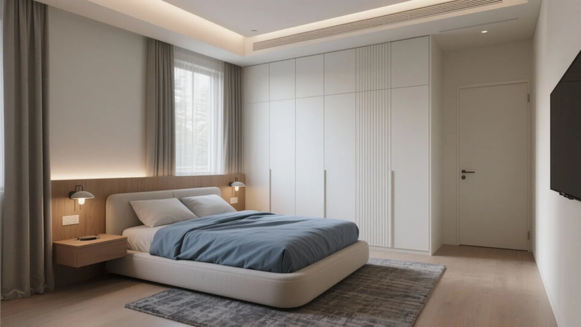 Modern minimal bedroom with blue bedding wood panel headboard white closet and grey rug design