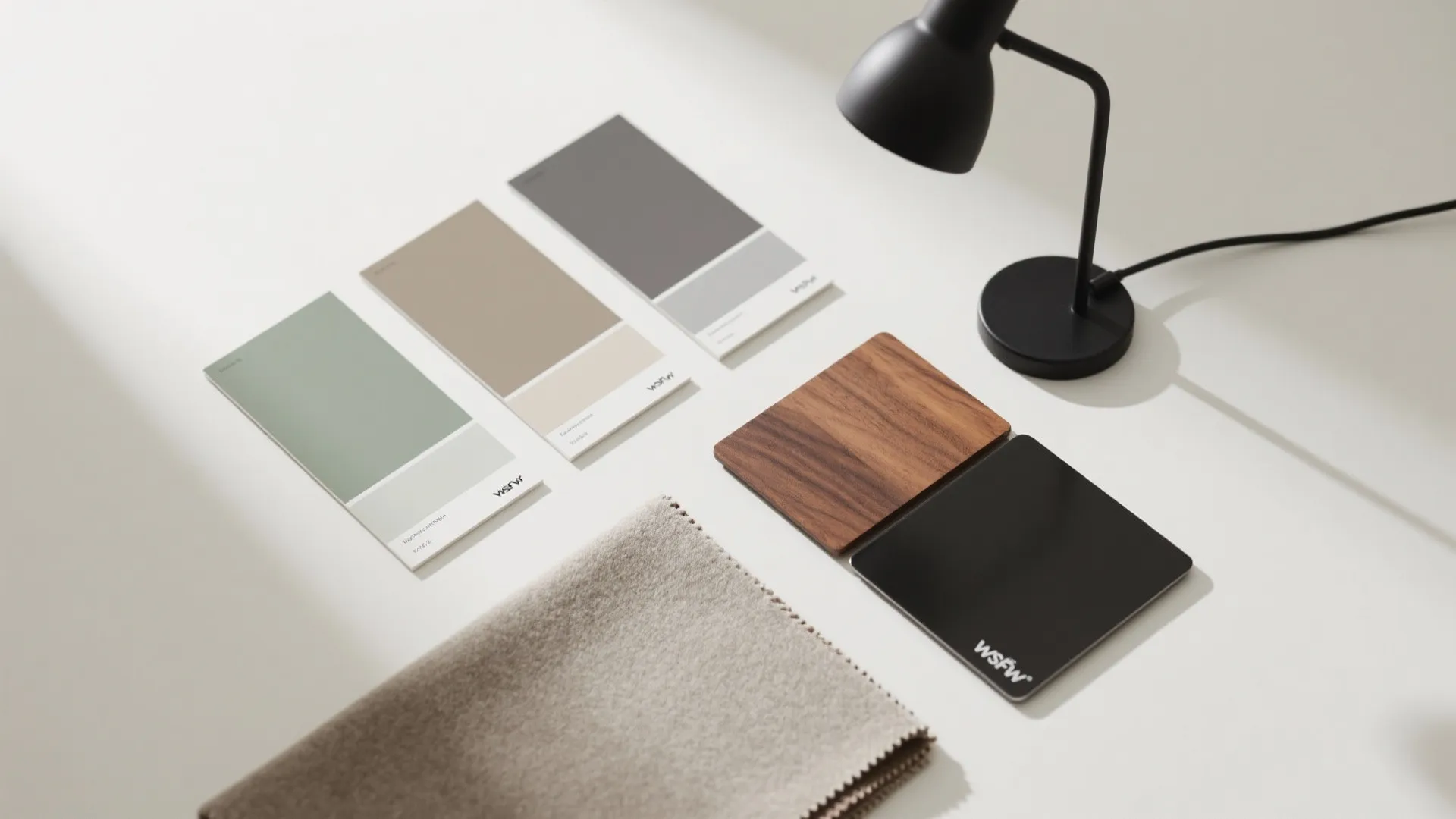 Color swatches and material samples including wood and fabric on table next to black lamp