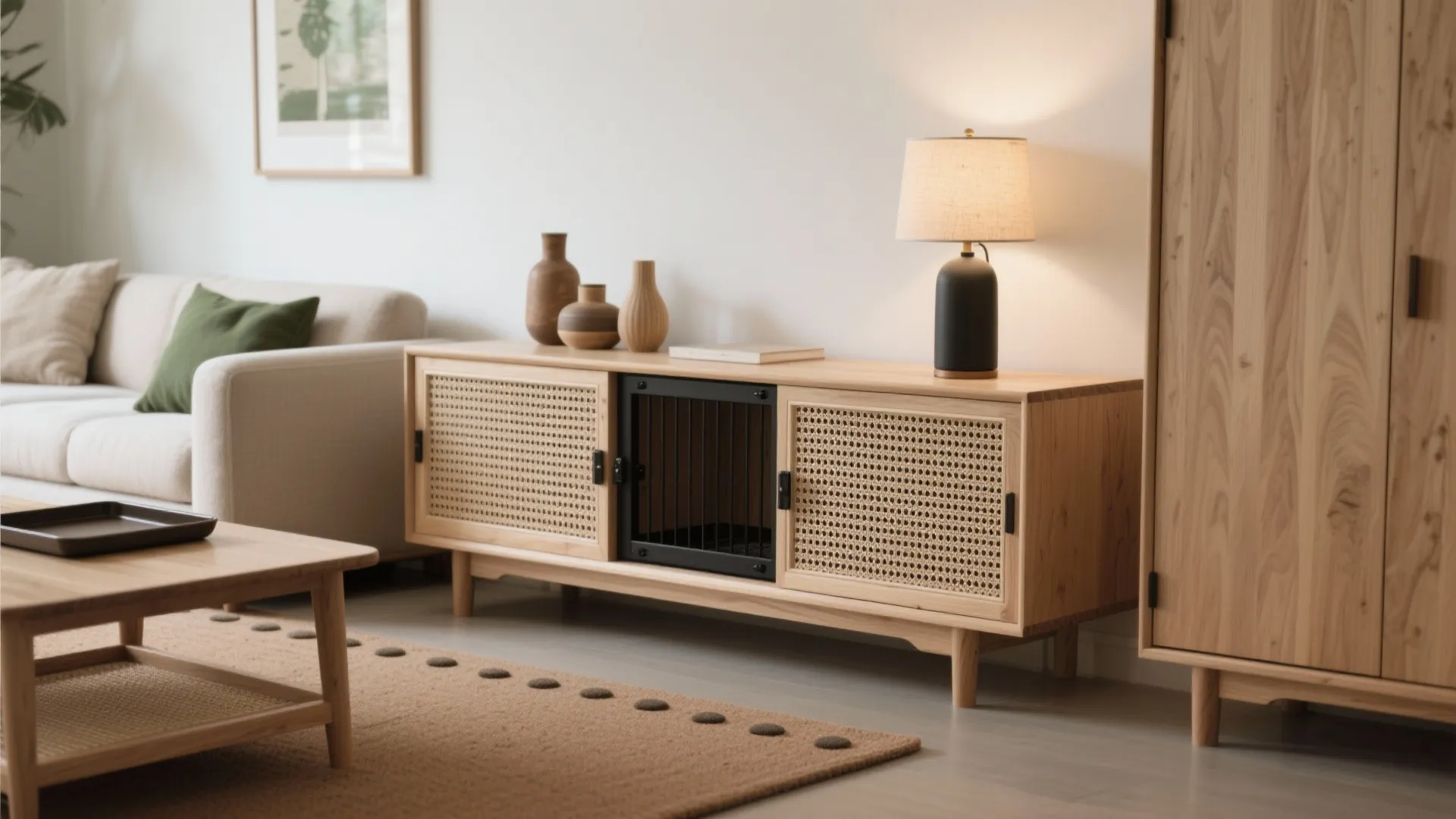 Modern wooden cabinet with dog crate inside living room with sofa table lamp and rug