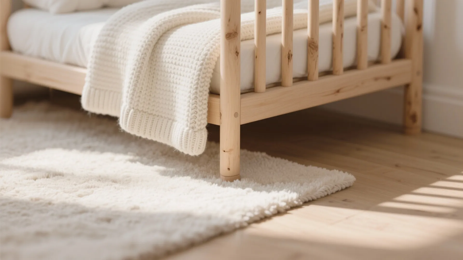 Close up of wooden bed frame with white blanket and soft rug on wood floor