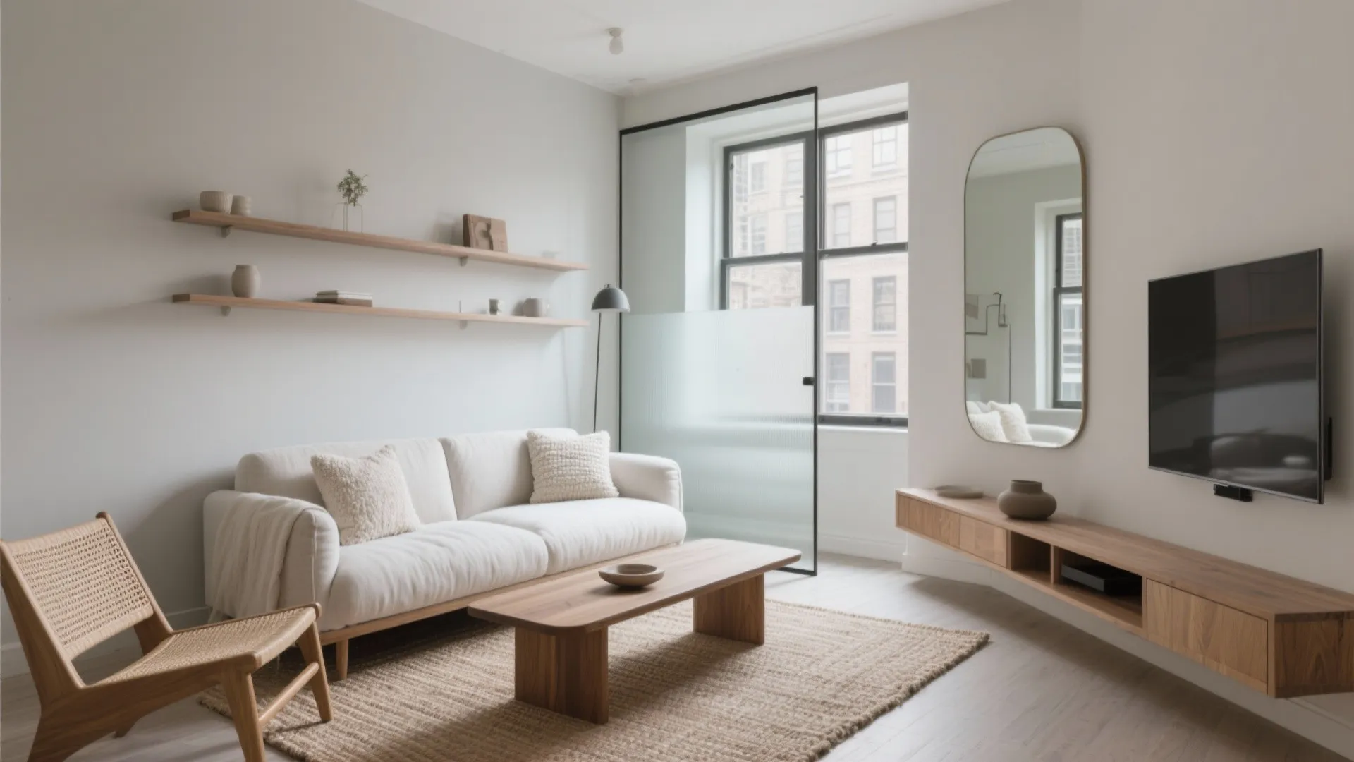 Minimalist living room featuring white sofa wooden coffee table wall shelves television and large wall mirror