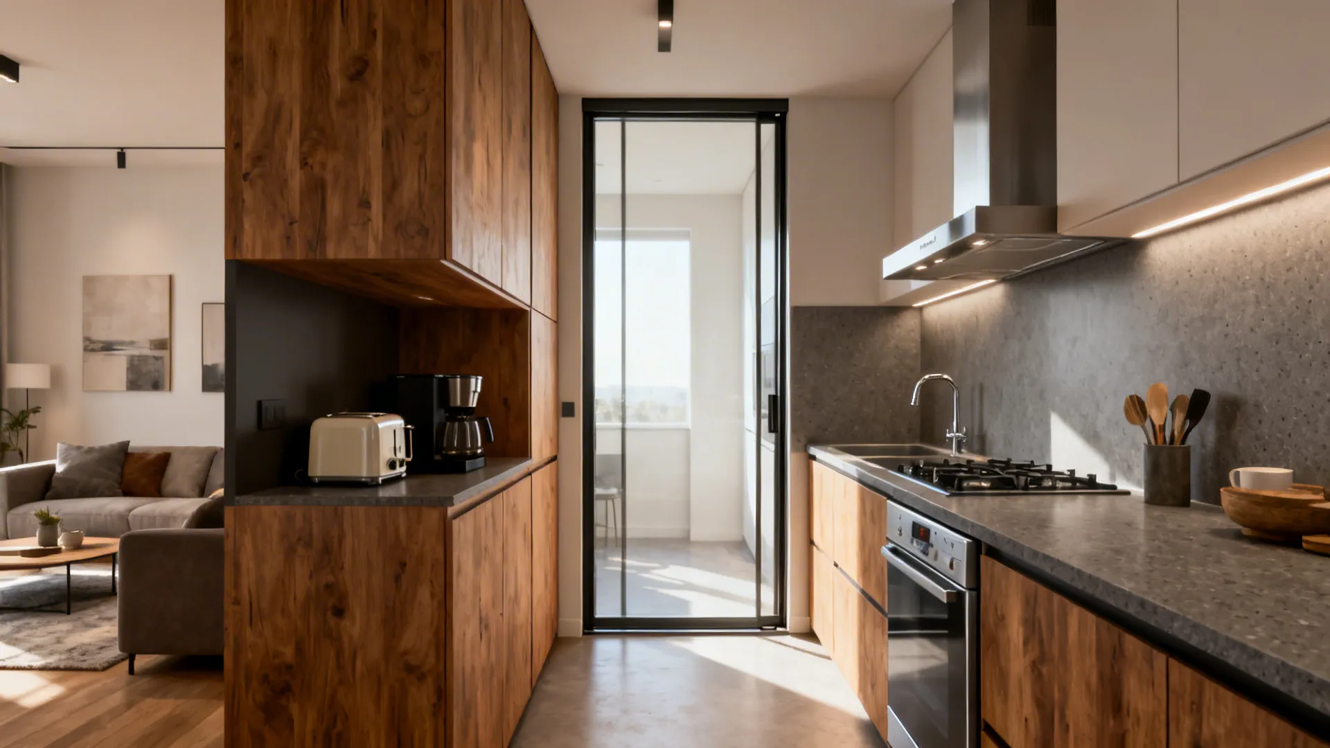 Dry kitchen with warm wood and coffee bar fronting a wet kitchen behind a sliding glass door.
