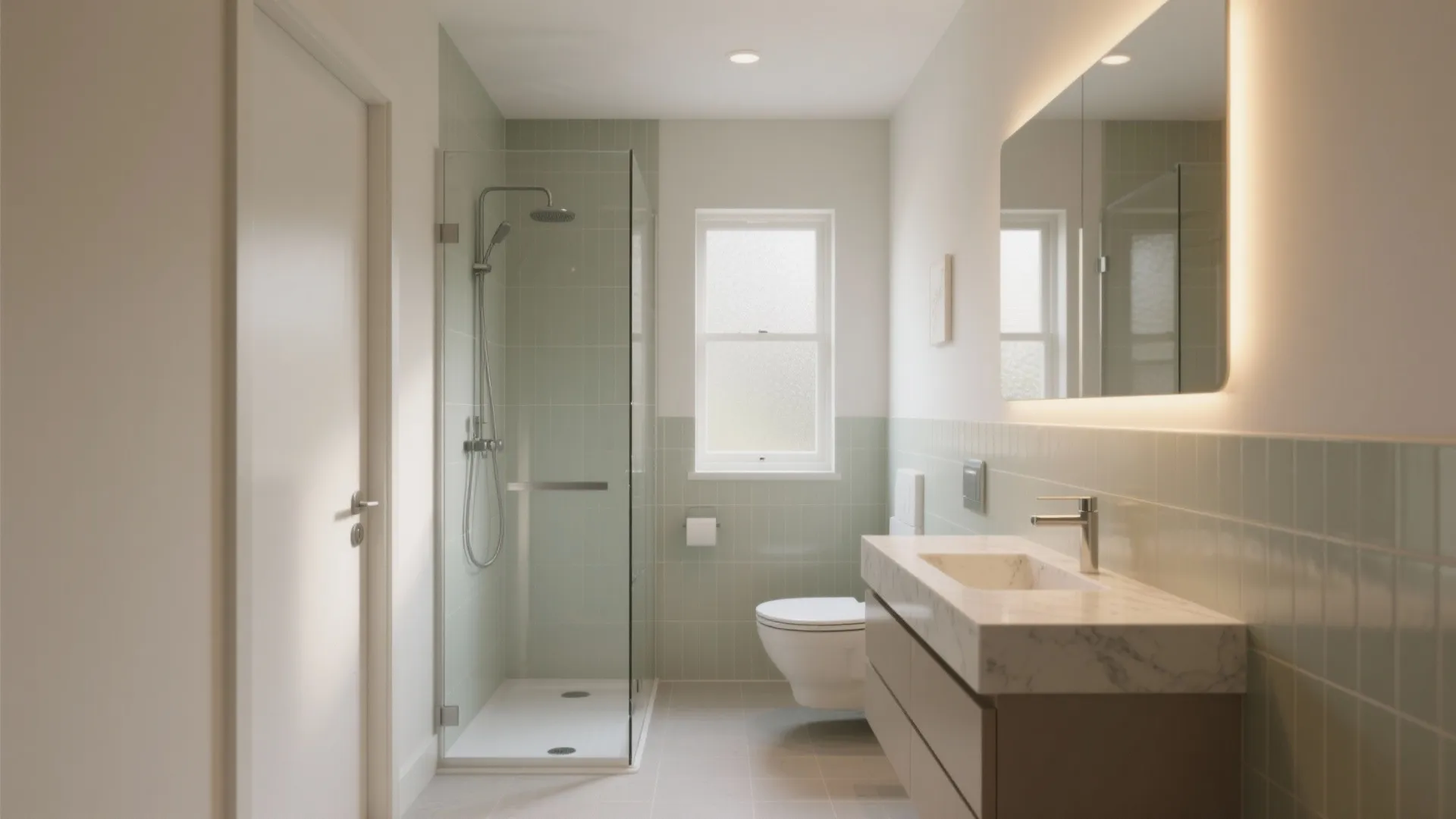 Minimalist bathroom with light green wall tiles glass shower marble sink cabinet and small square window