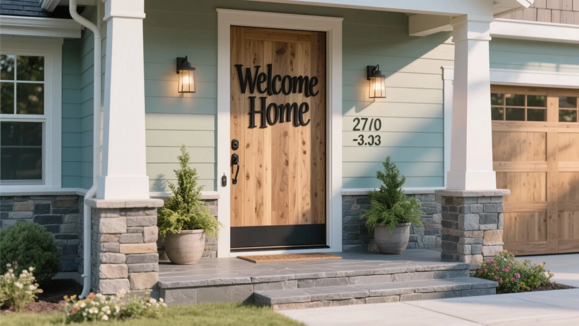 Wooden front door with welcome home sign featuring wall lights and two small potted plants