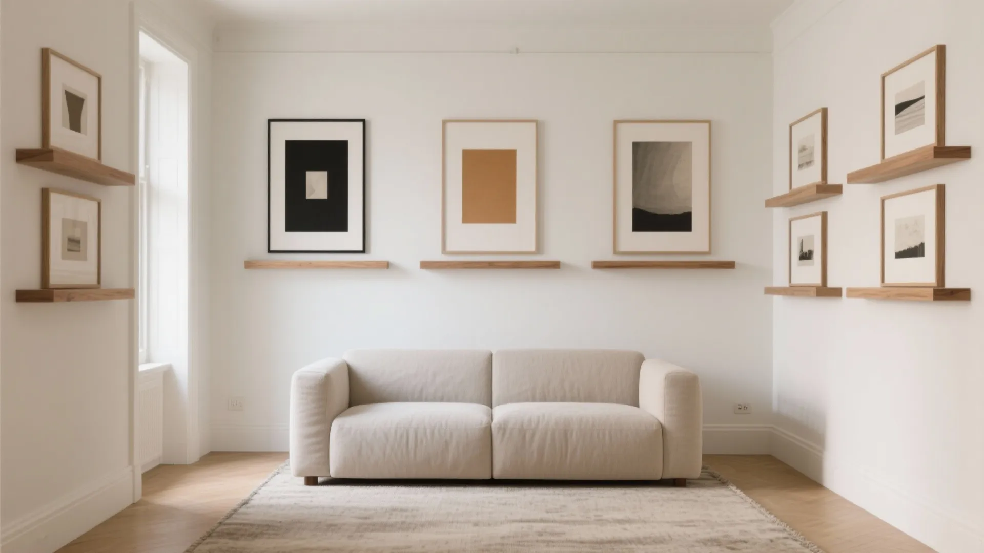 Minimalist living room with beige sofa wooden shelves and several framed art pieces white walls