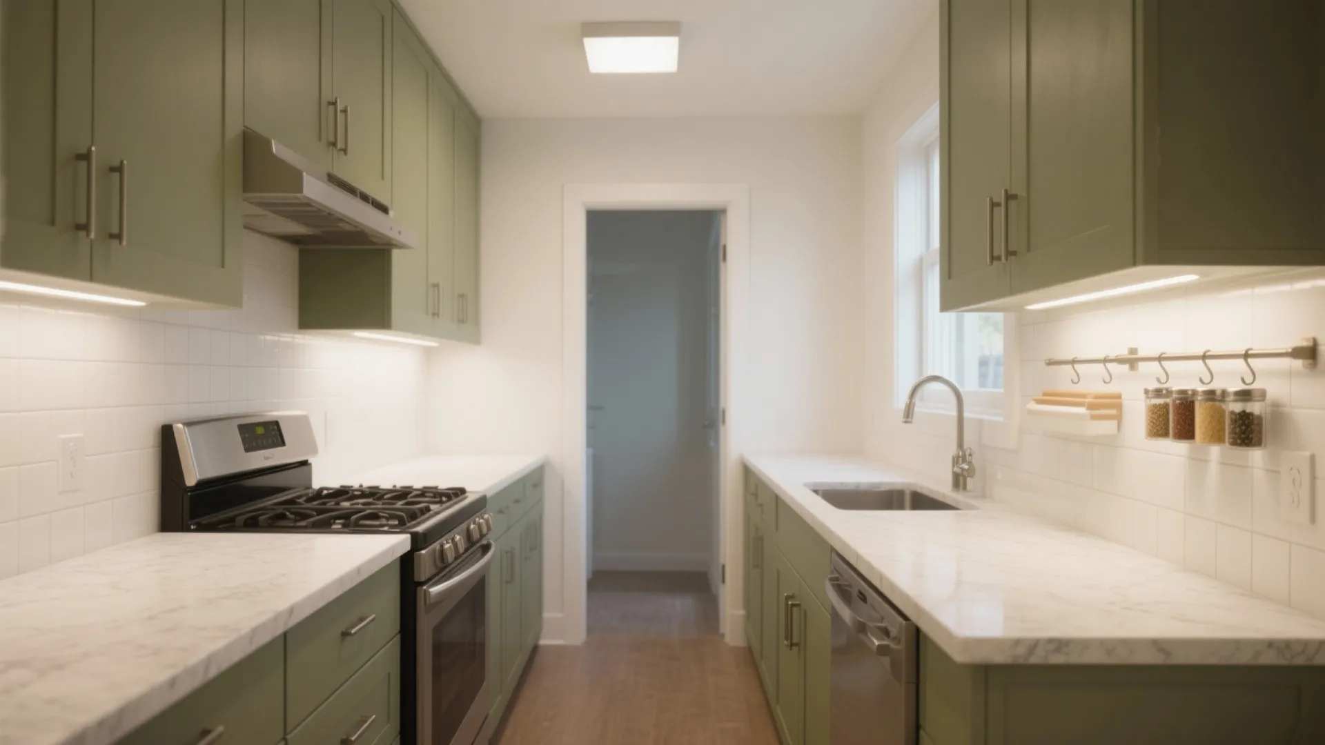 Modern galley kitchen with green cabinets white marble countertops a silver stove and bright lighting