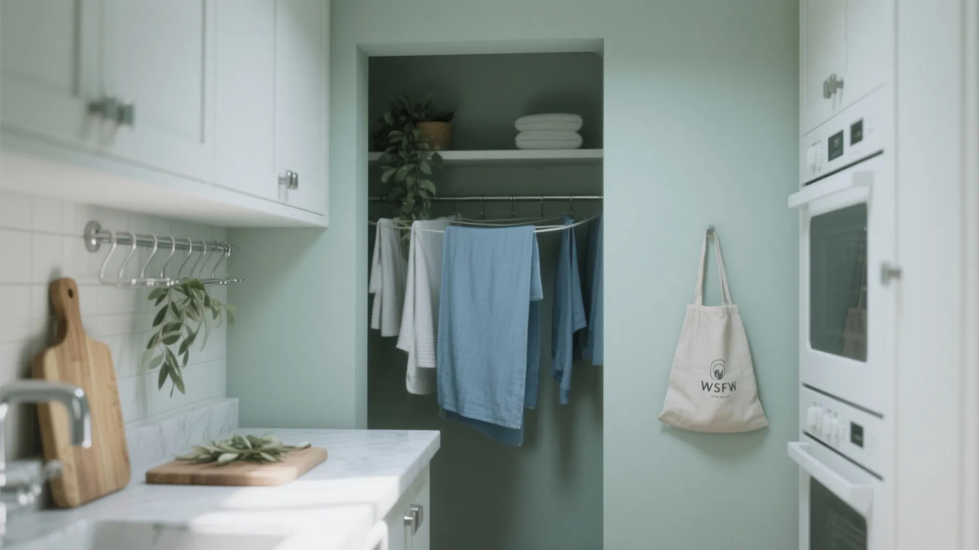 Light green kitchen area with white cabinets marble countertop and laundry drying in a small closet