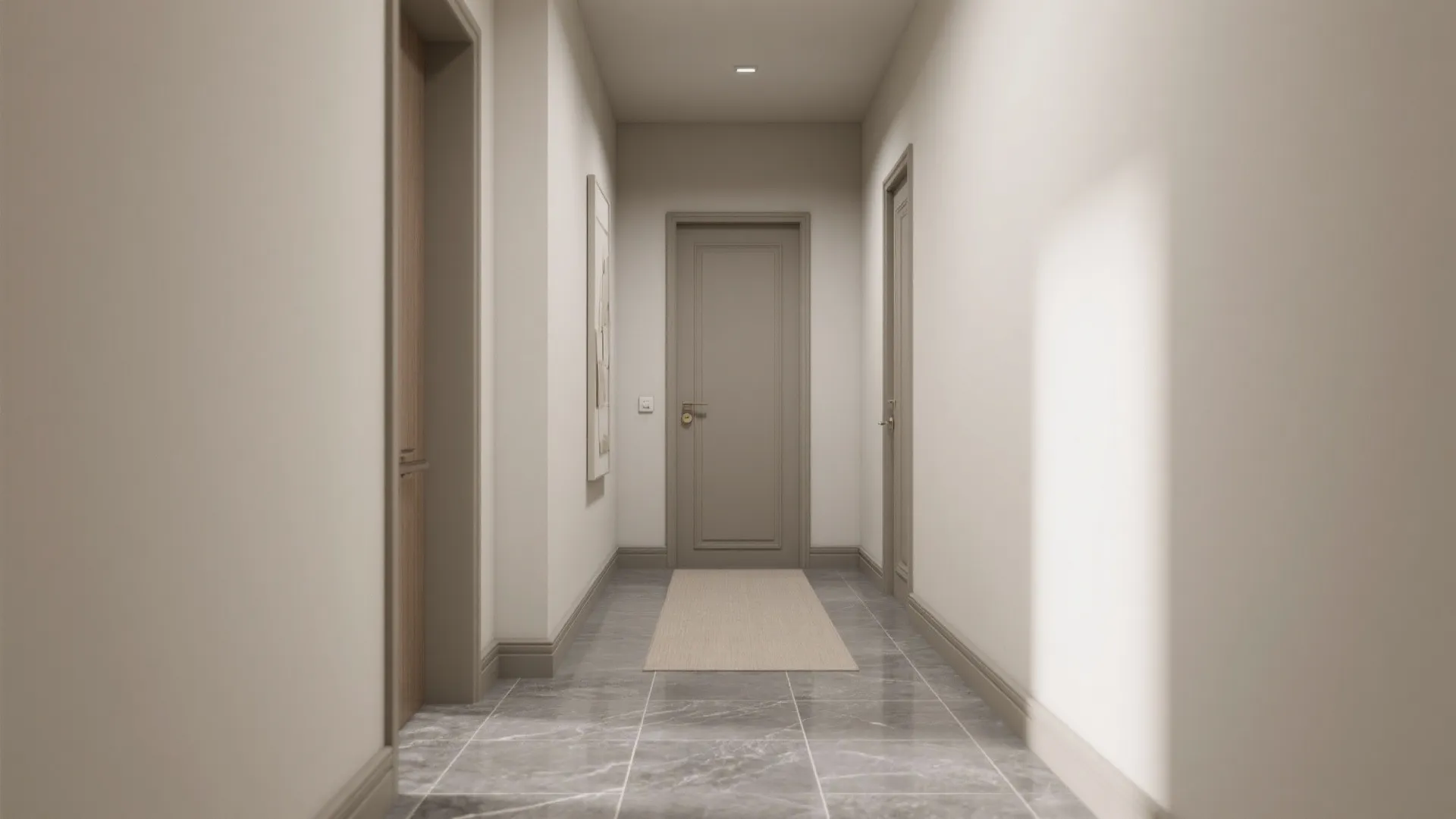 Simple hallway with grey marble floor beige walls wooden doors and a small floor mat