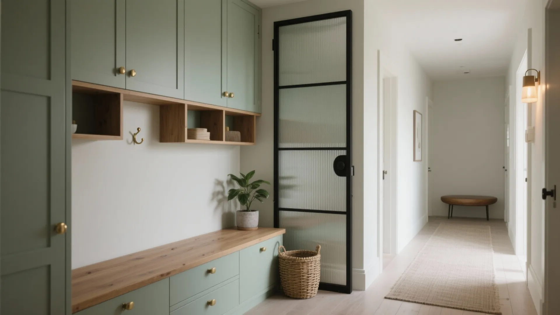 Bright hallway featuring green cabinets wood bench glass door long rug and a wall light