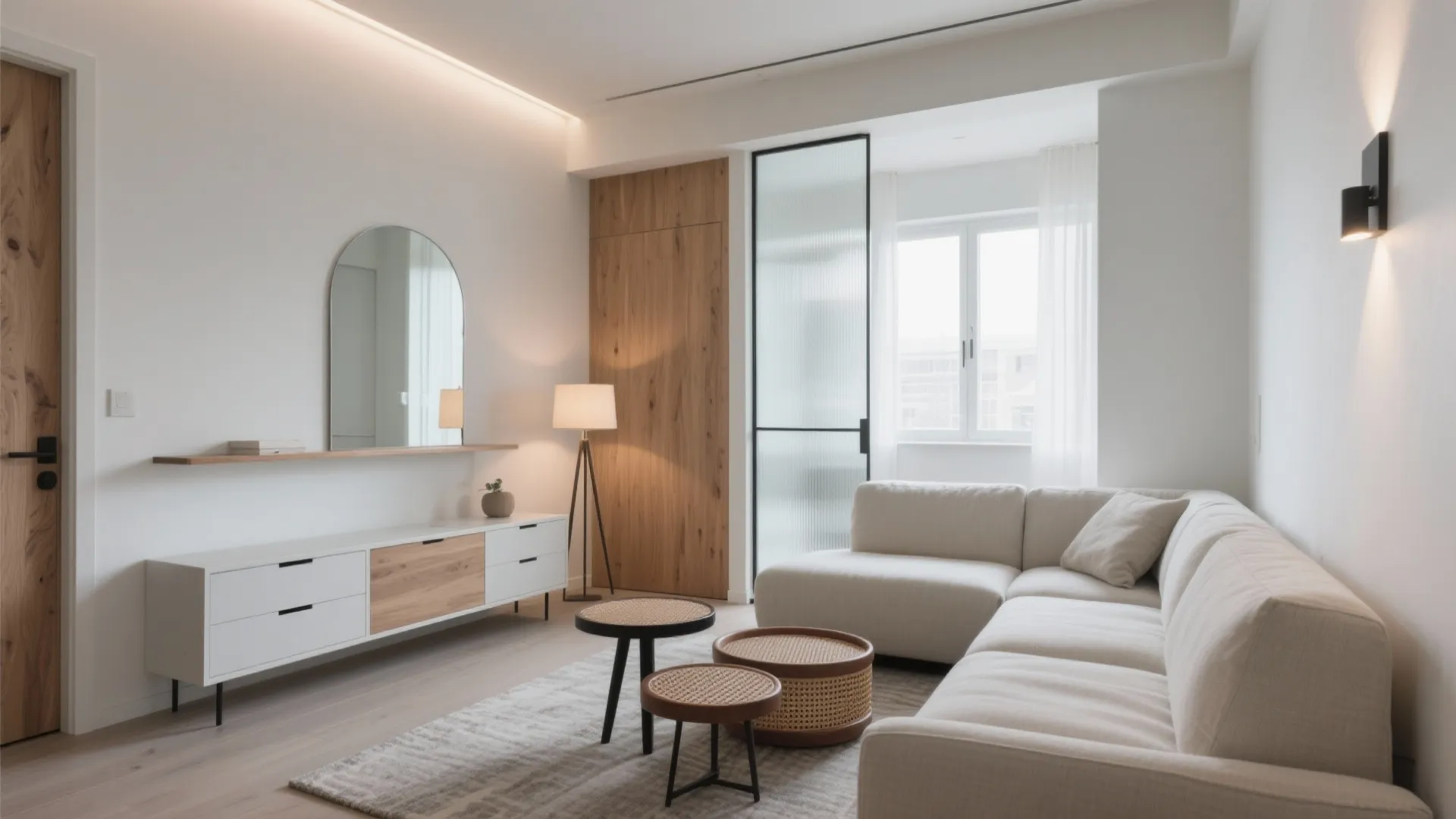 Bright living room with white cabinet arch mirror wood paneling floor lamp and l-shaped sofa