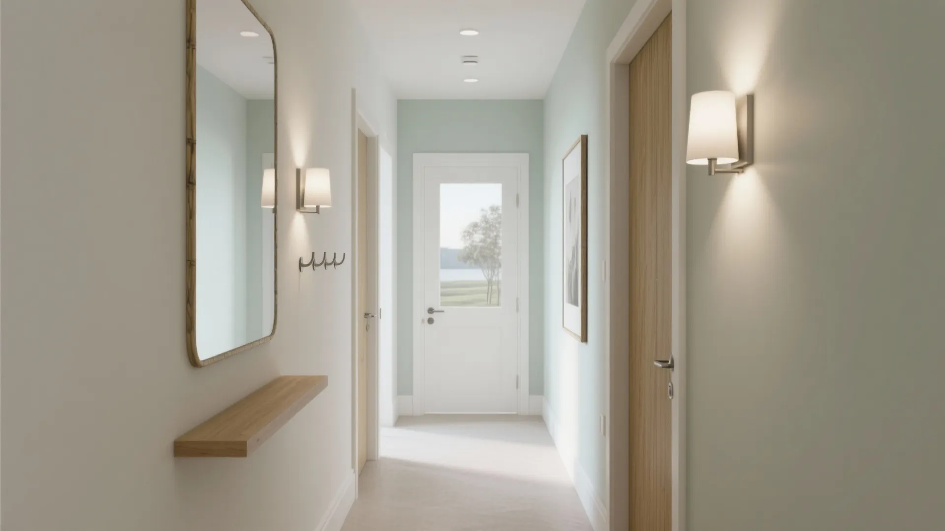 Bright hallway featuring white walls wall lights mirror wooden shelf and glass door at end