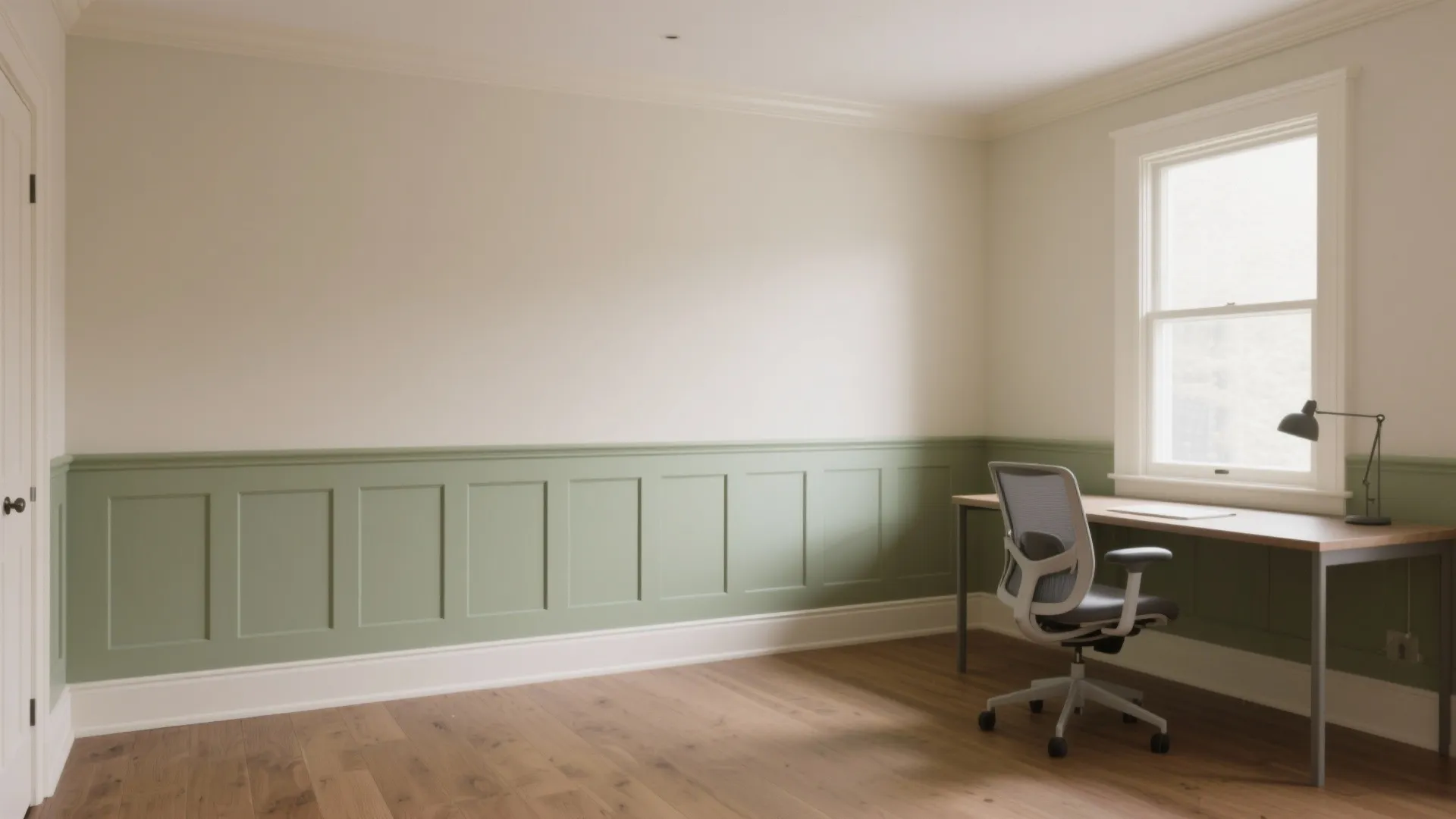 Modern home office with green wall panel wooden floor simple desk grey chair and window