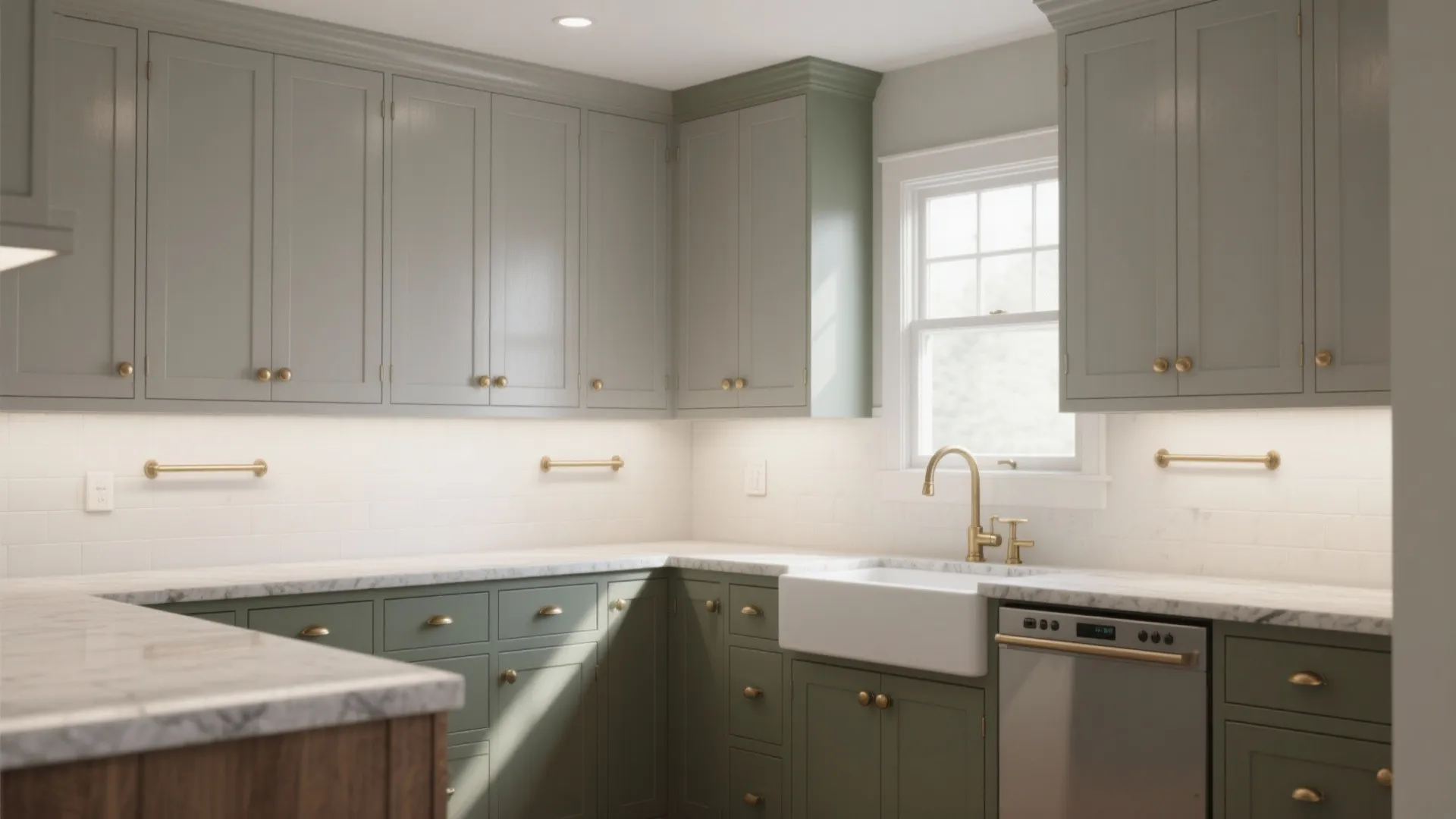 Modern green kitchen cabinets with gold handles white sink marble countertop and small window design