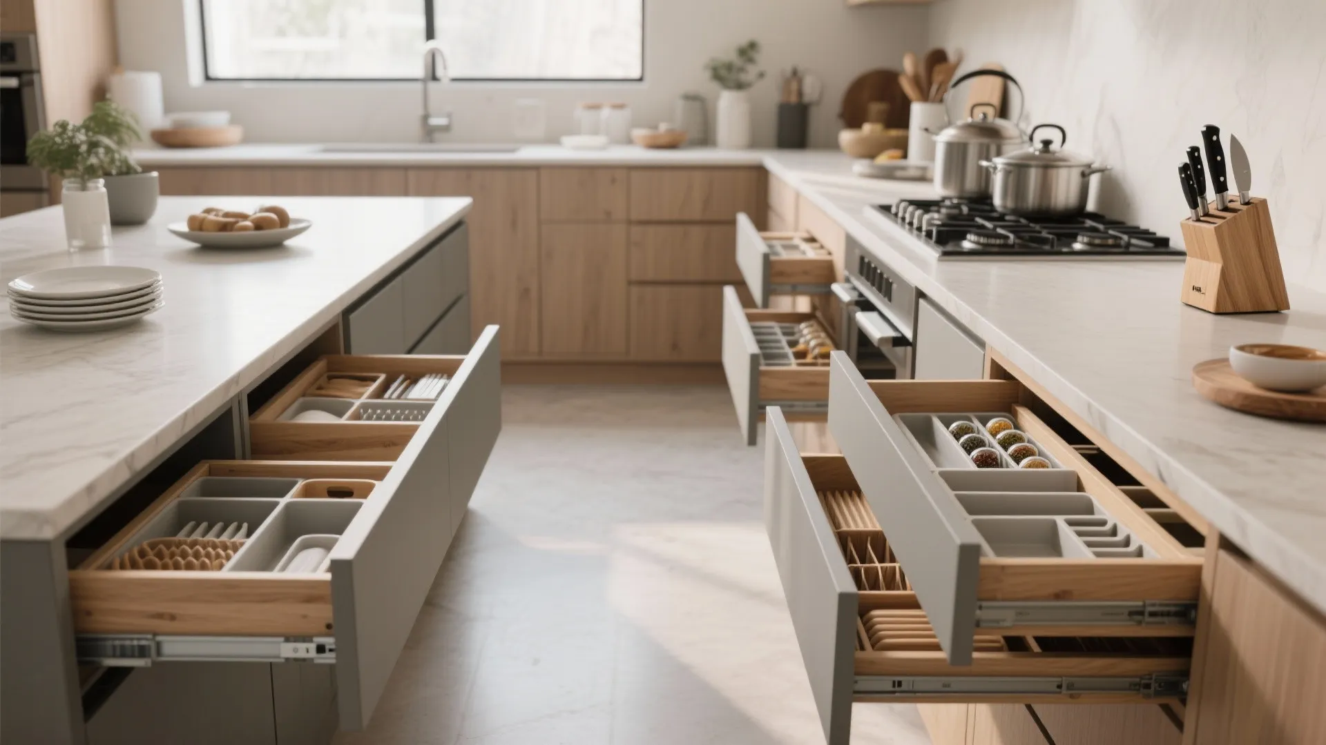 Modern light wood kitchen island with open drawers showing organized cutlery storage and cooking tools
