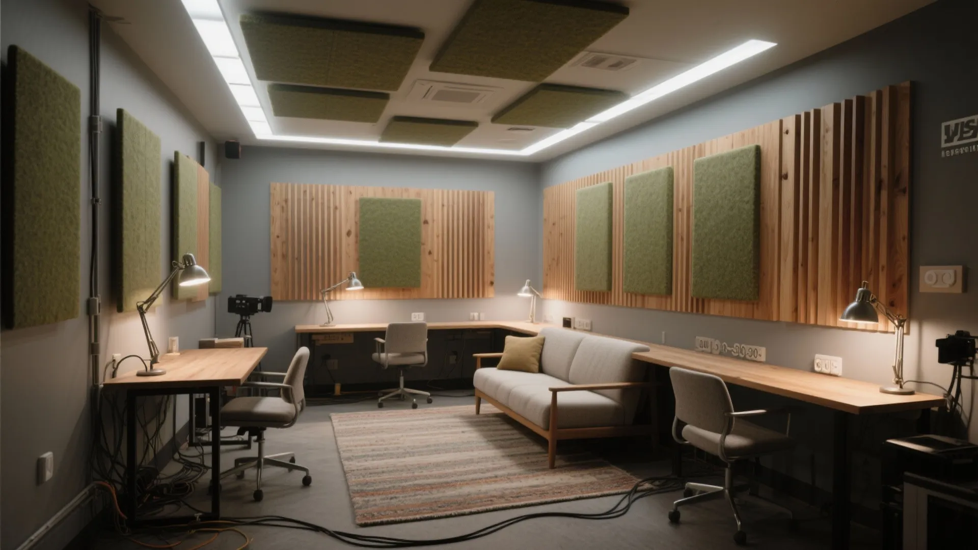 Modern music studio with green wall panels wood slats grey sofa desk and warm ceiling light