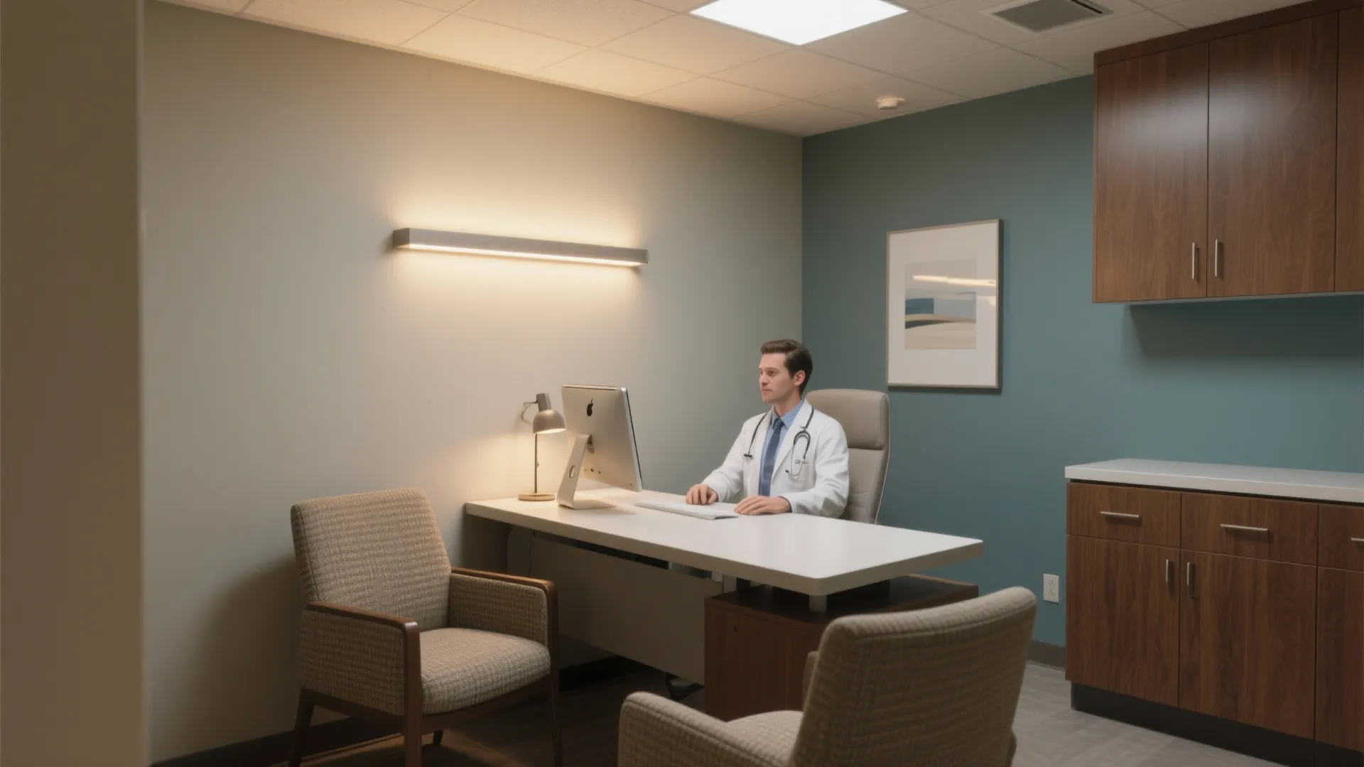 Male doctor at office desk with computer wall light blue green wall and wooden cabinet