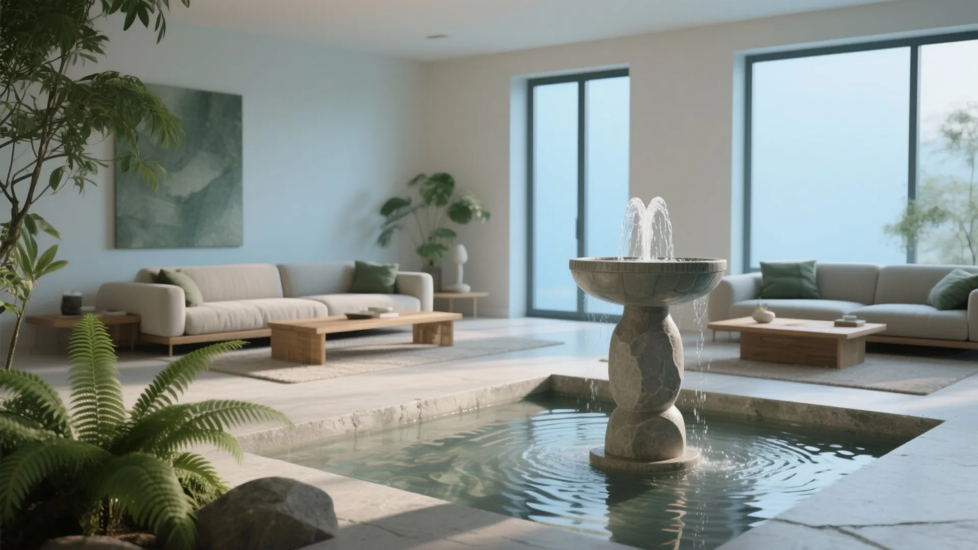 Modern living room featuring indoor stone fountain white sofas wooden tables and green potted plants